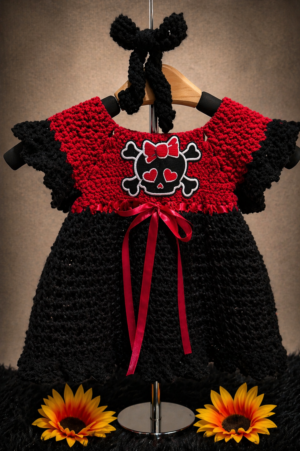 Cherry Bomb Skull Dress | Crochet Baby Dress (0–9 Months)