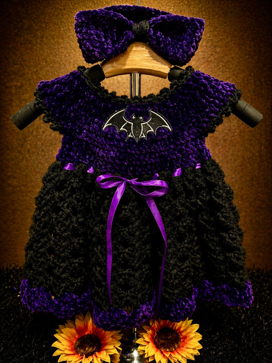 Velvet Nocturne Bat Dress Set – Gothic Baby Dress (3–9 Months) | Handmade Crochet Velvet with Bow Headband