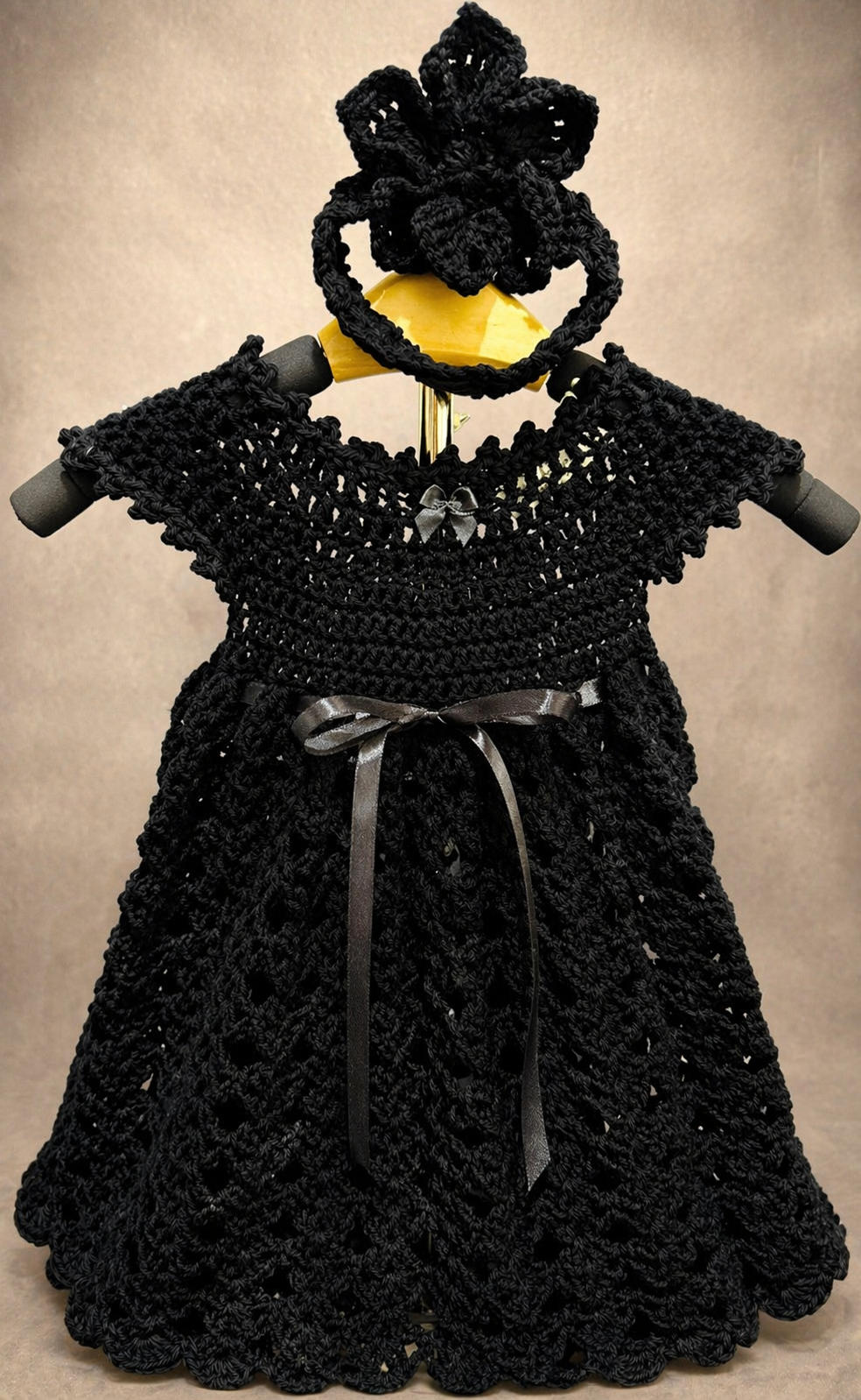 Gothic Little Black Dress Set | Crochet Baby Dress (0–6 Months) | Handmade Yellow Baby Outfit with Matching Headband (Copy)