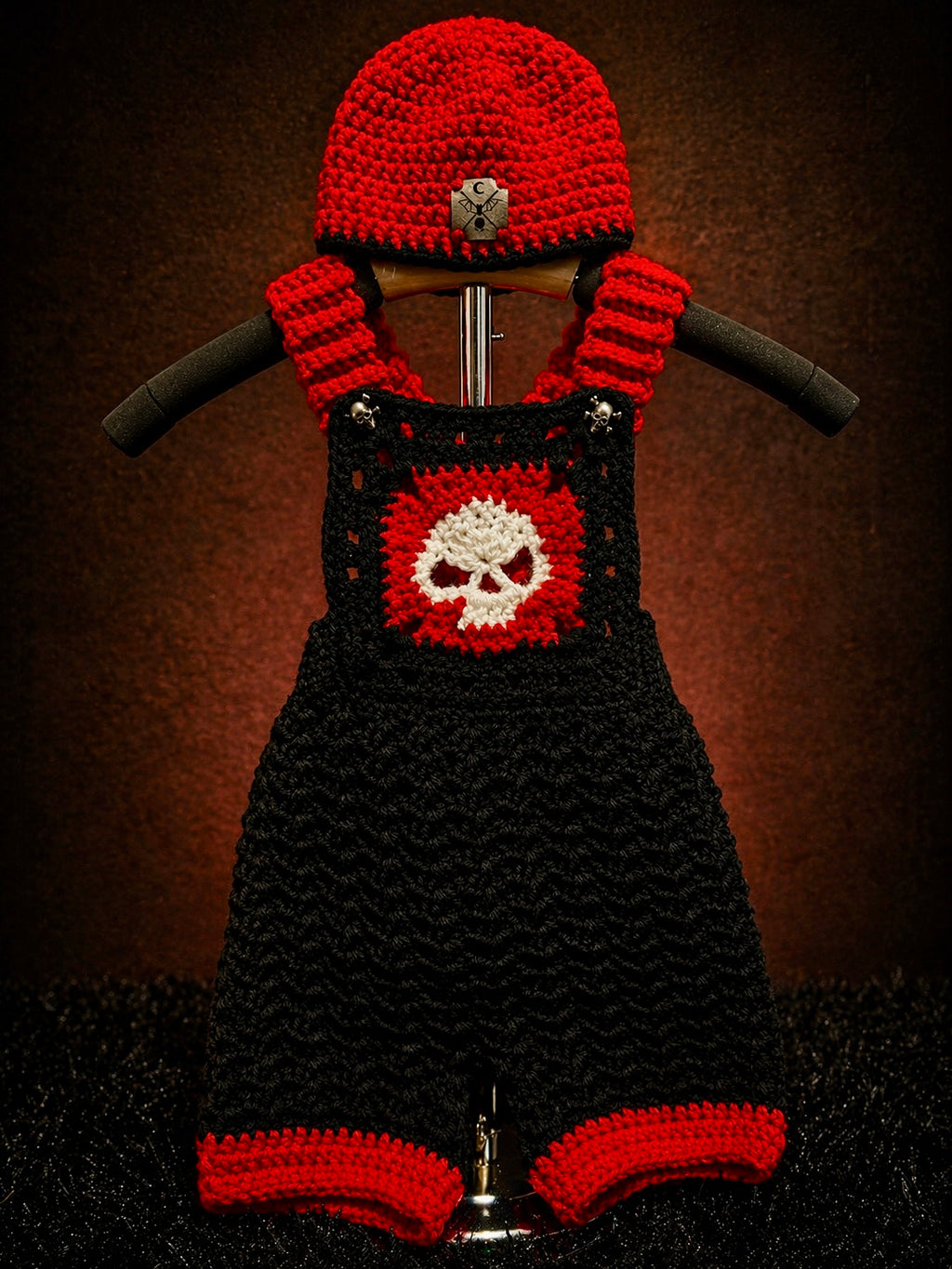 Crimson Rebel Overalls Set – 0–6 Months | Handmade Crochet with Matching Beanie