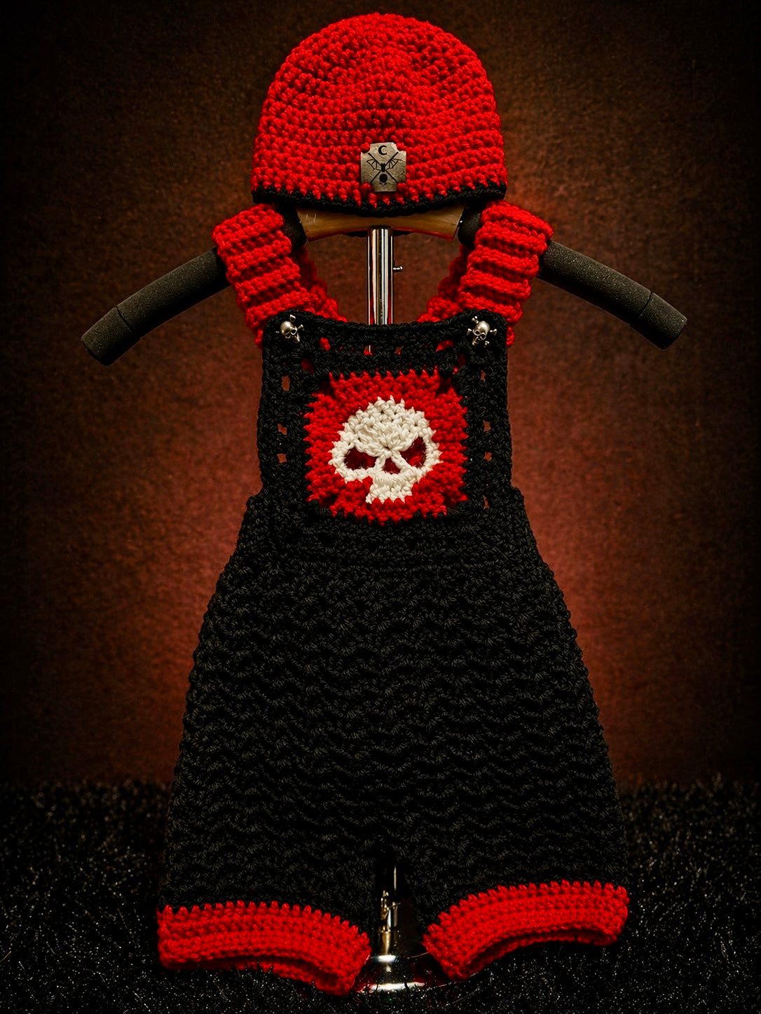 Crimson Rebel Overalls Set – 0–6 Months | Handmade Crochet with Matching Beanie