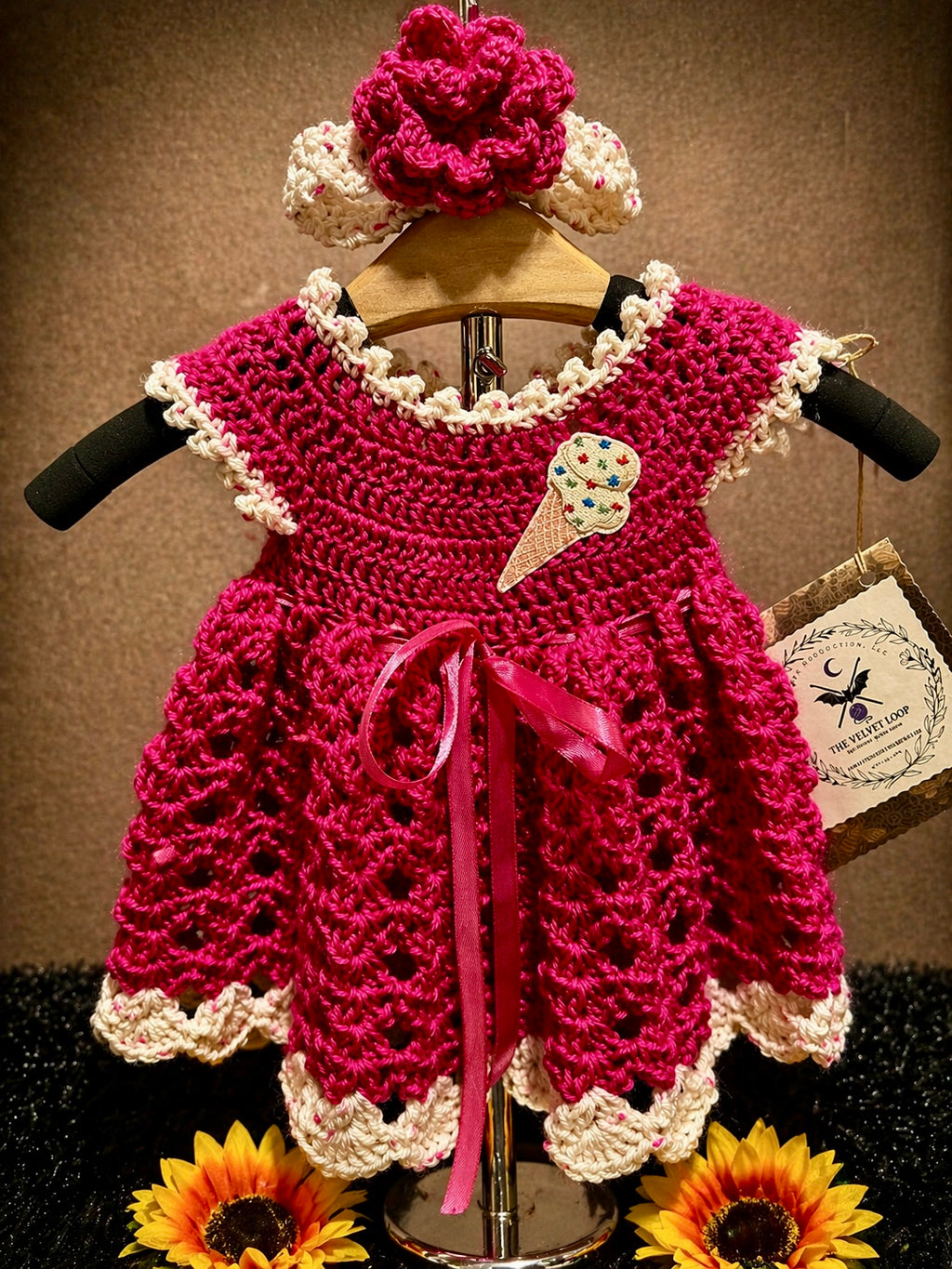Ice Cream Sprinkle Dress Set | Crochet Baby Dress (0–3 Months) | Handmade Ice Cream Detail & Matching Headband