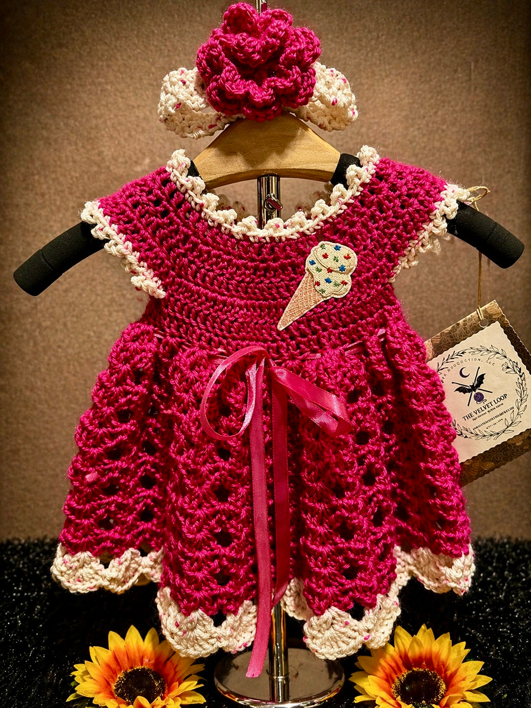 Ice Cream Sprinkle Dress Set | Crochet Baby Dress (0–3 Months) | Handmade Ice Cream Detail & Matching Headband