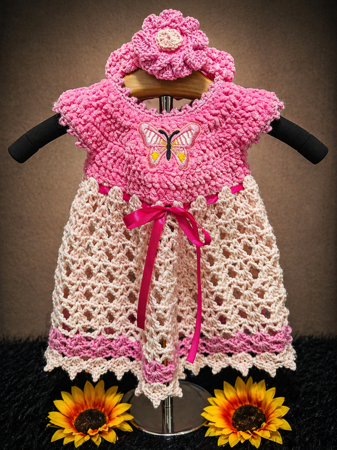 Blush Flutter Dress Set | Crochet Baby Dress (0–6 Months) | Handmade Butterfly Detail & Matching Headband