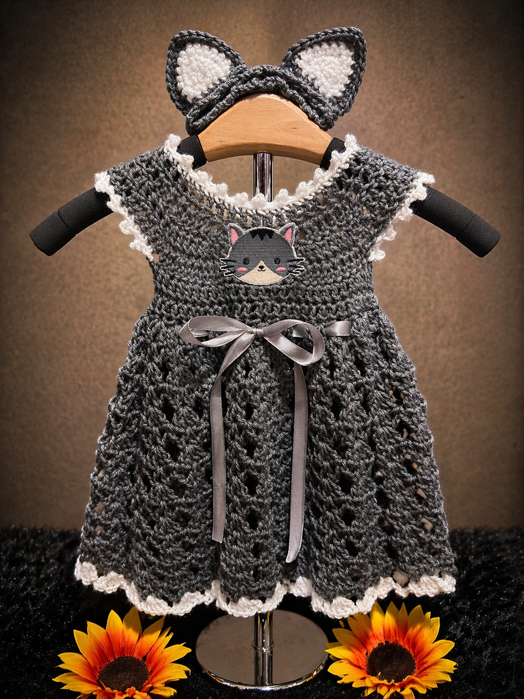 Gray Kitty Baby Dress Set (0–6 Months)