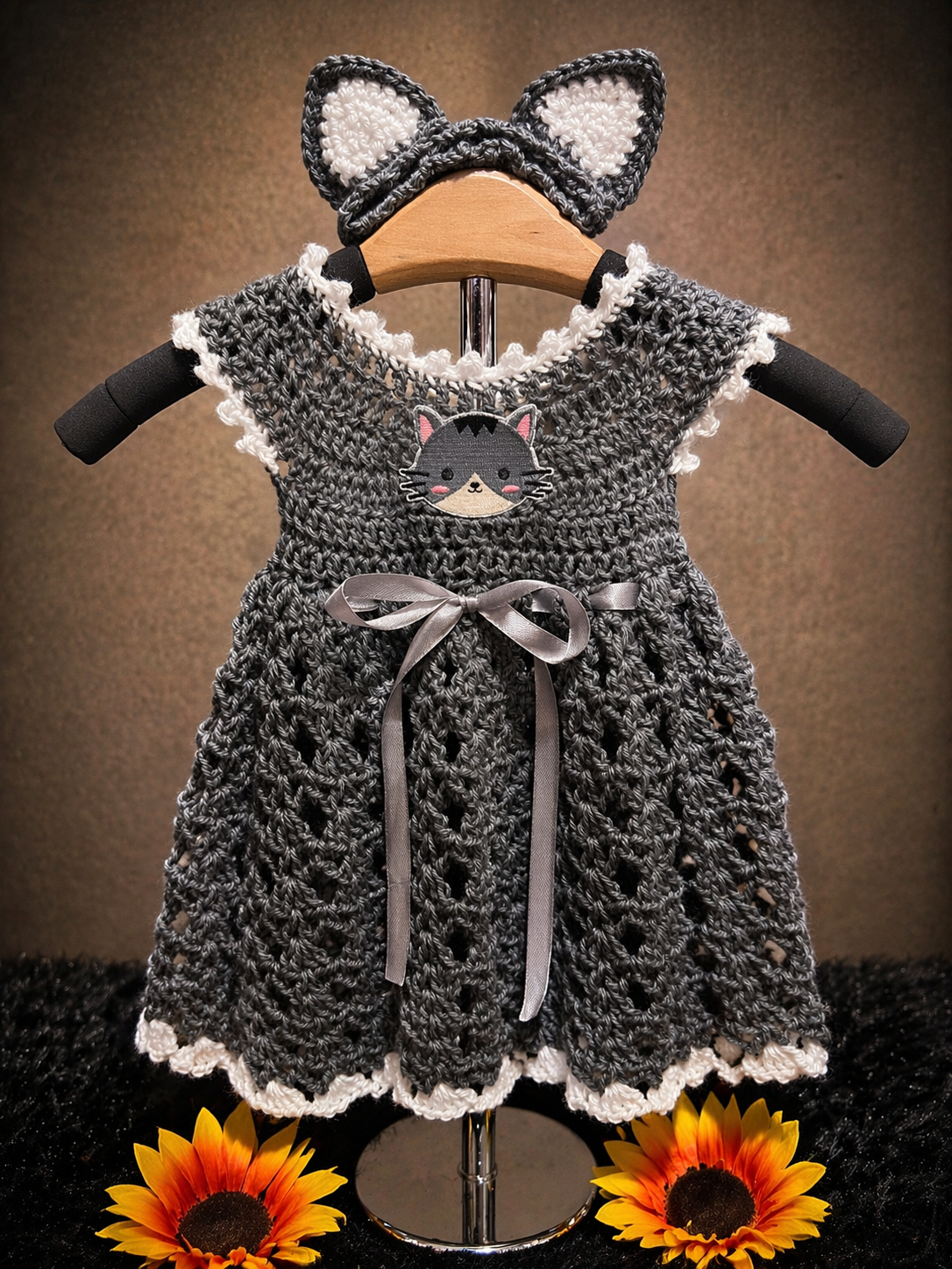 Gray Kitty Baby Dress Set (0–6 Months)