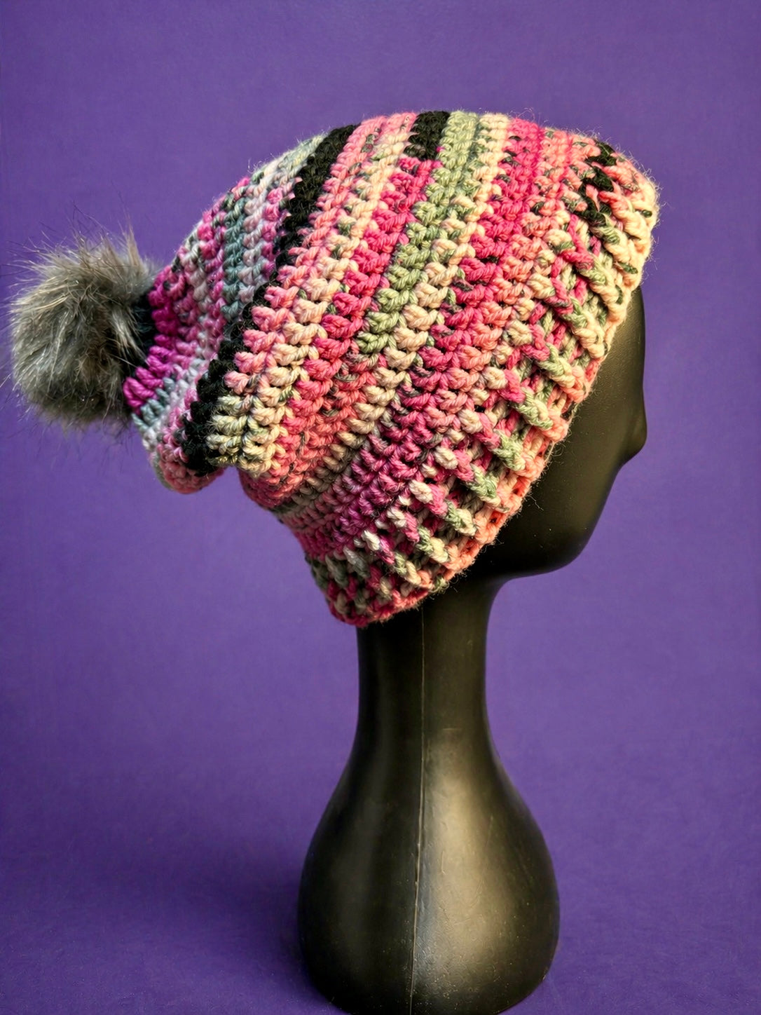 Blush Riot Slouchy Beanie – Removable Pom Pom | Handmade Crochet Hat