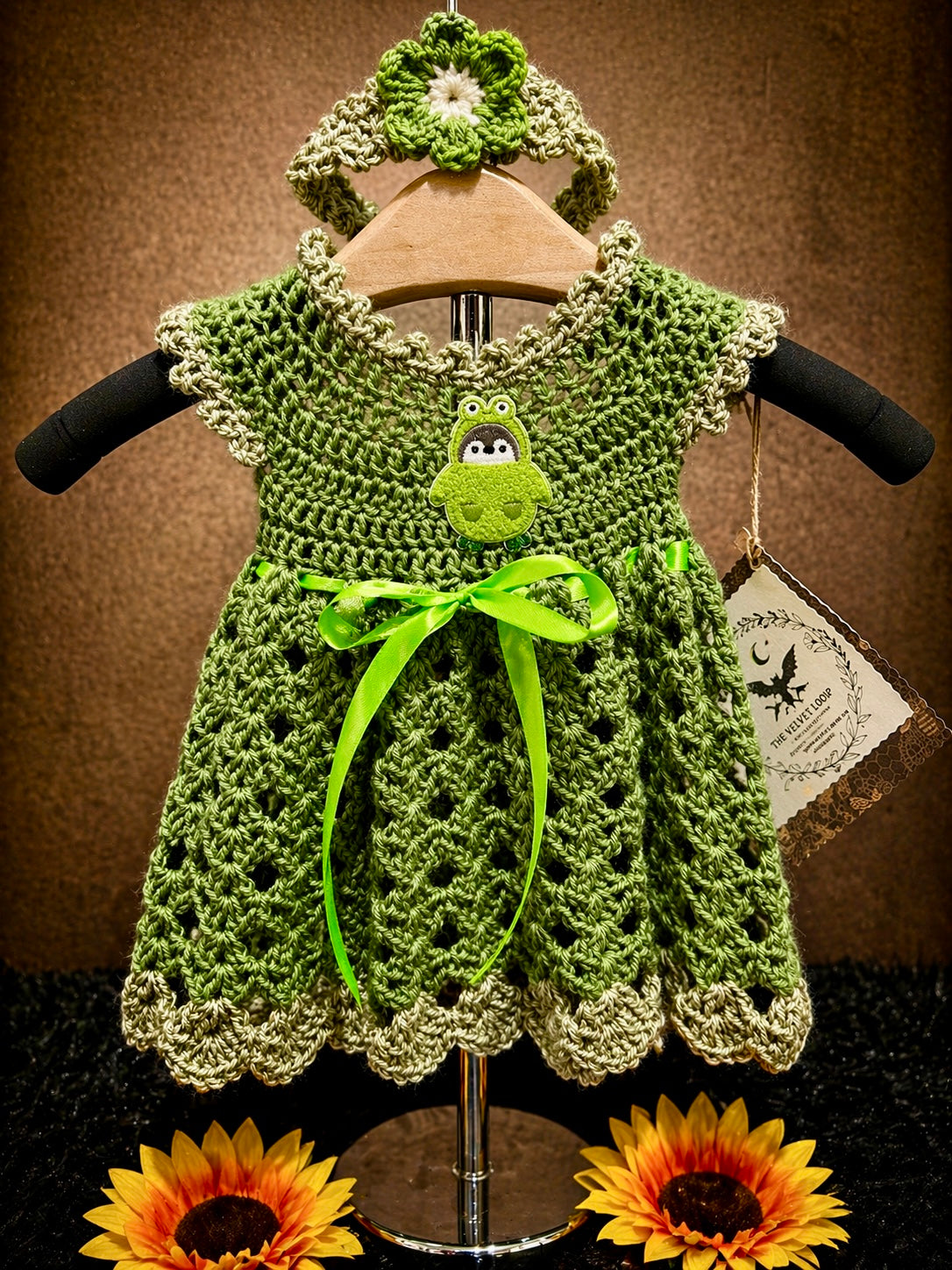 Enchanted Frog Dress Set | Crochet Baby Dress (0–3 Months) | Handmade with Frog Detail & Matching Headband