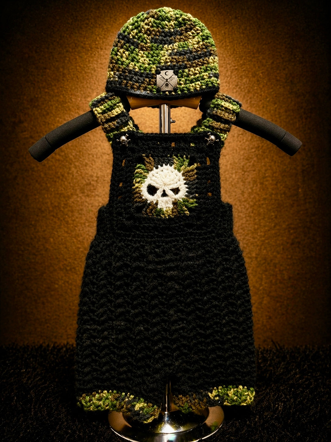 Outlaw Camo Overalls Set – 0–6 Months | Handmade Crochet with Matching Beanie