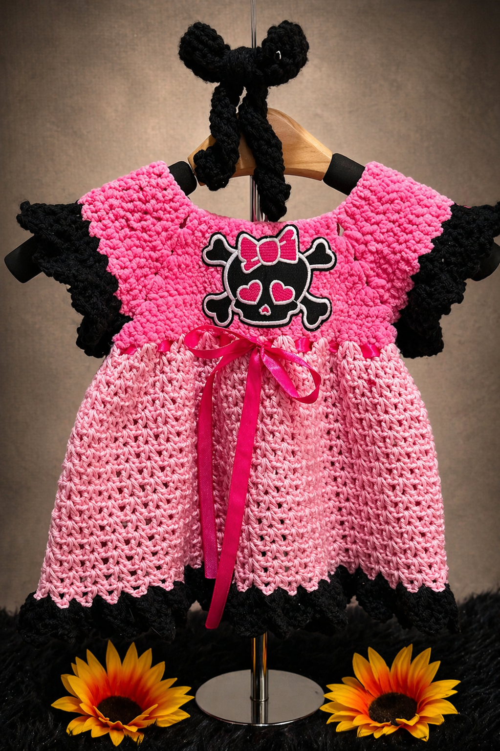 Sweetheart Skull Dress | Crochet Baby Dress (0–9 Months) | Pink & Black Gothic Baby Outfit with Matching Headband
