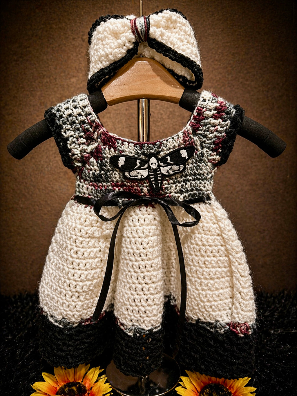 Nocturne Moth Dress Set | Gothic Baby Dress (0–6 Months) | Handmade Crochet with Skull Moth Detail & Headband