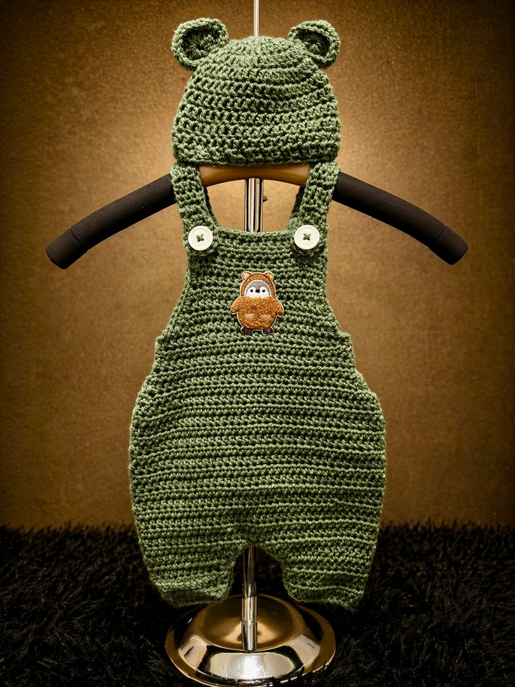 Little Forest Guardian Set – Baby Overalls & Bear Beanie (0–6 Months) | Handmade Crochet