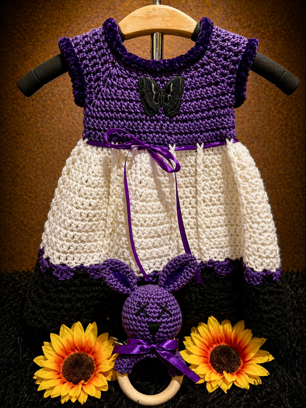 Velvet Charm Dress Set – Gothic Baby Dress (3–9 Months) | Handmade Crochet with Matching Bunny Teether
