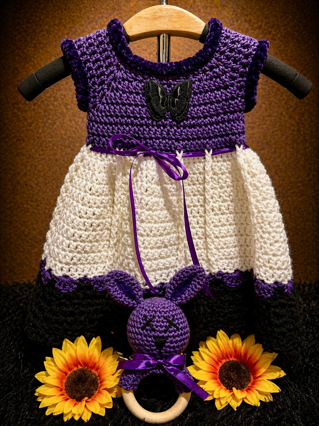 Velvet Charm Dress Set – Gothic Baby Dress (3–9 Months) | Handmade Crochet with Matching Bunny Teether