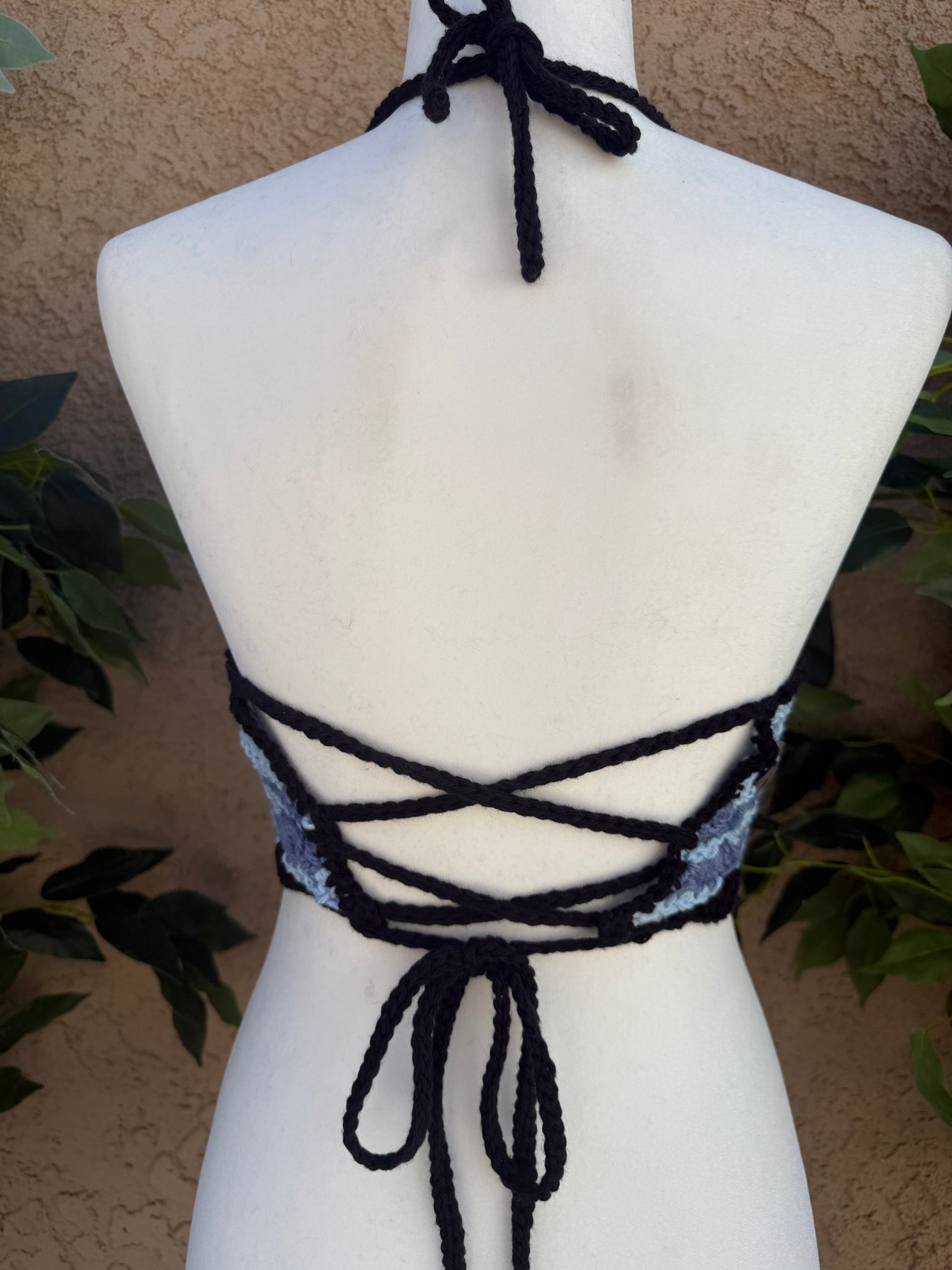 Crochet Halter Bralette – Moonlit Storm Tones | Hand Crocheted Lace-Up Back Top