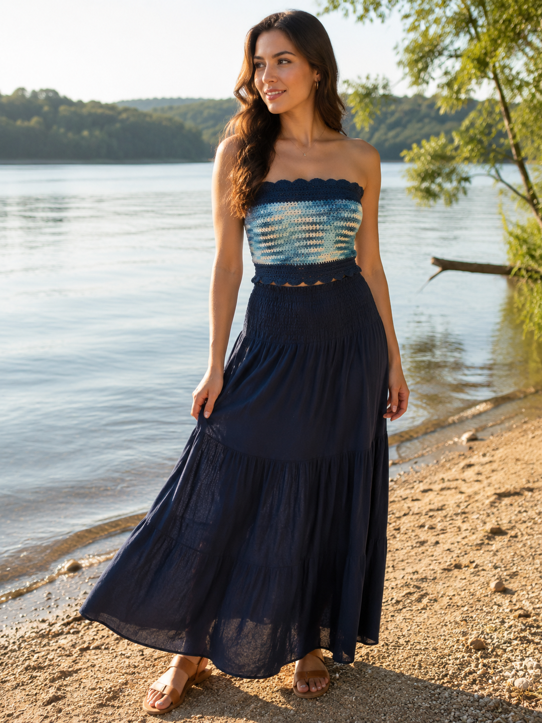 Blue Wave Halter Top | Hand Crocheted Lace Up Back Top