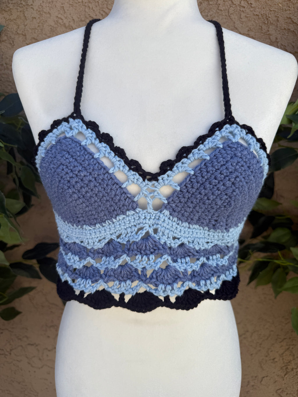 Crochet Halter Bralette – Moonlit Storm Tones | Hand Crocheted Lace-Up Back Top