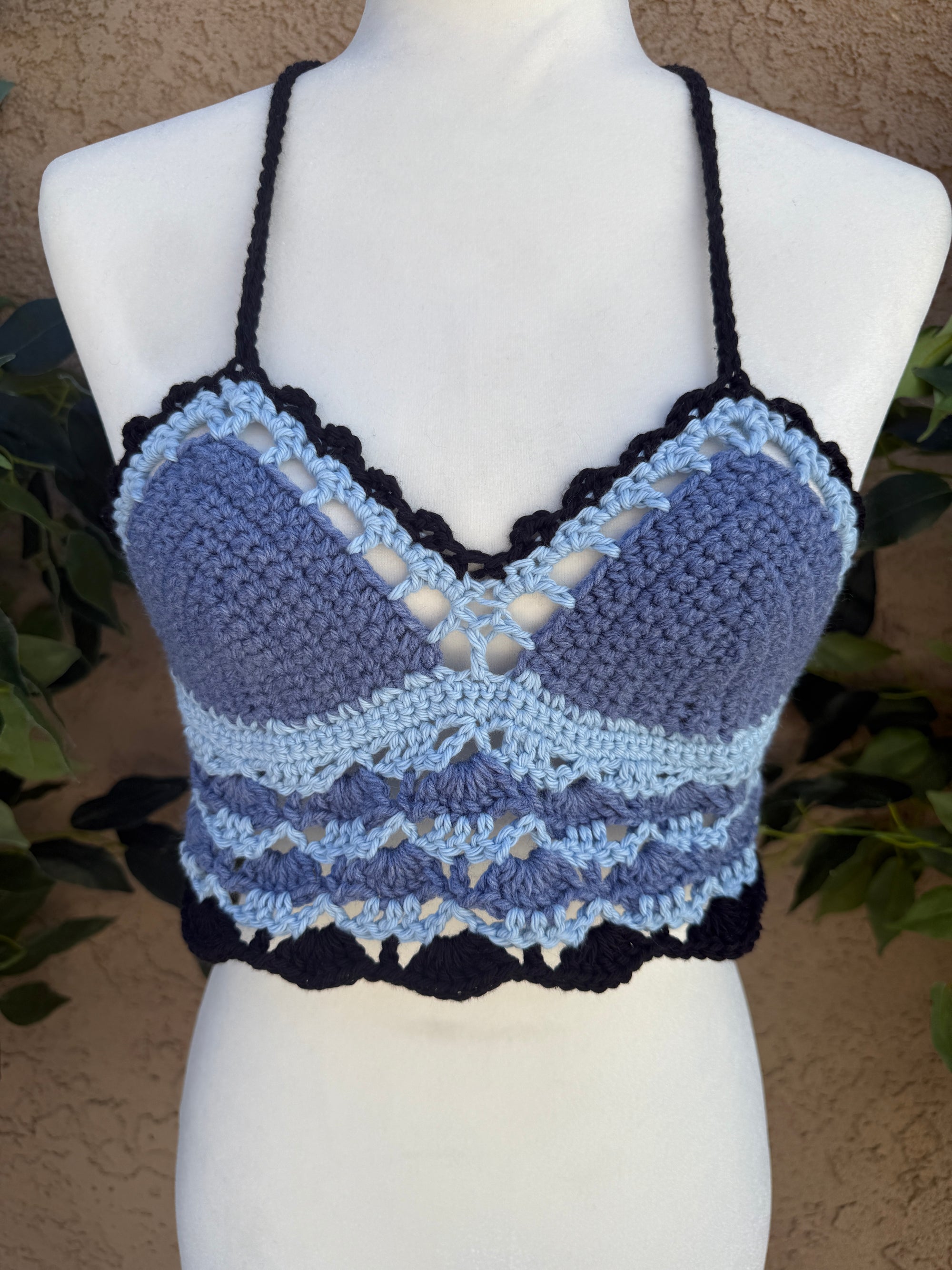 Crochet Halter Bralette – Moonlit Storm Tones | Hand Crocheted Lace-Up Back Top