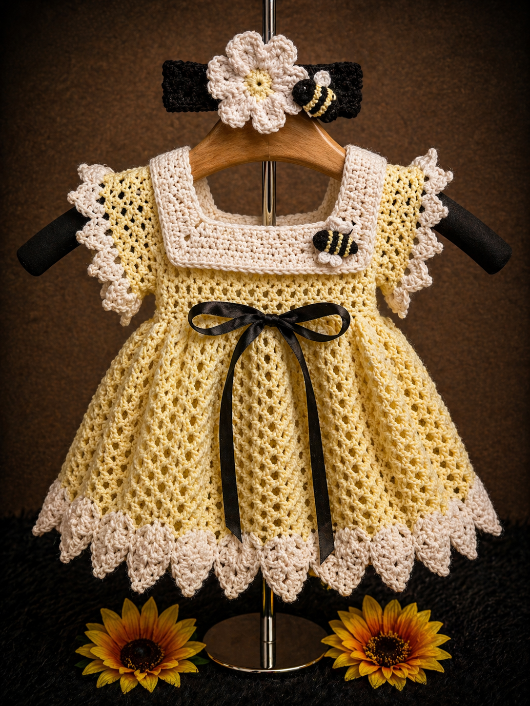 Bumble Bee Dress Set | Crochet Baby Dress (0–6 Months) | Handmade Yellow Baby Outfit with Matching Headband (Copy)