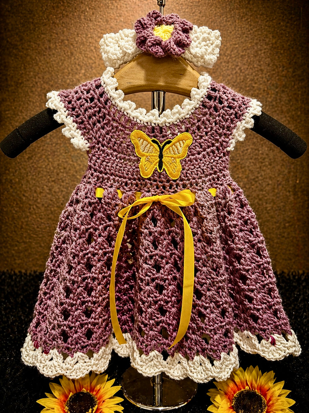 Golden Flutter Dress Set | Crochet Baby Dress (0–6 Months) | Handmade with Butterfly Detail & Headband