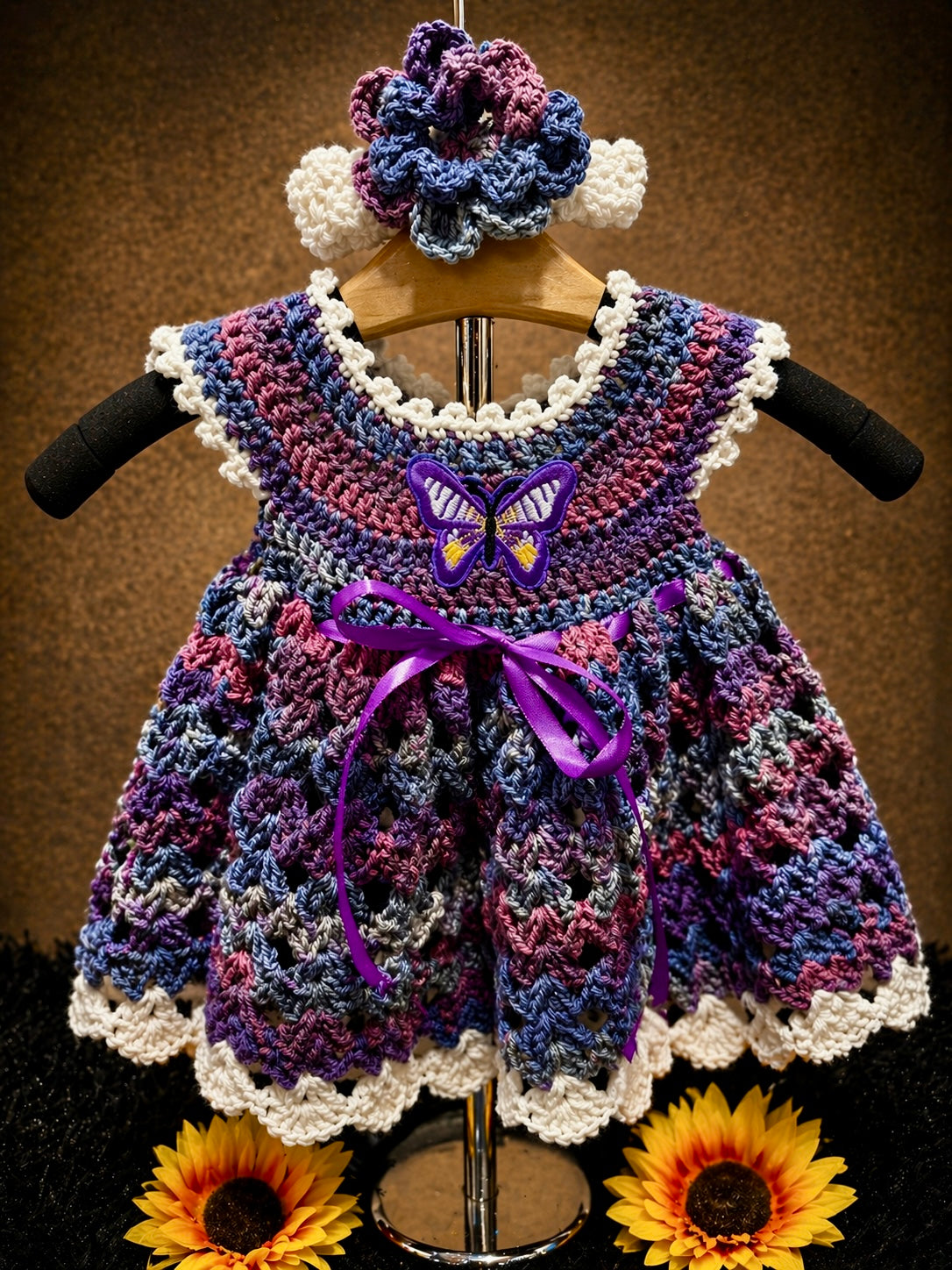 Berry Flutter Dress Set | Crochet Baby Dress (3–9 Months) | Handmade with Butterfly Detail & Matching Headband