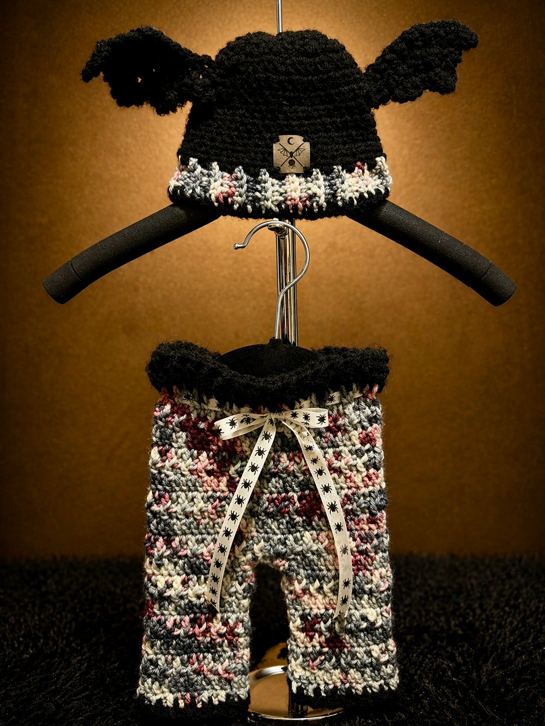 Little Nightwing Set – Gothic Baby Pants & Bat Beanie (0–6 Months) | Handmade Crochet