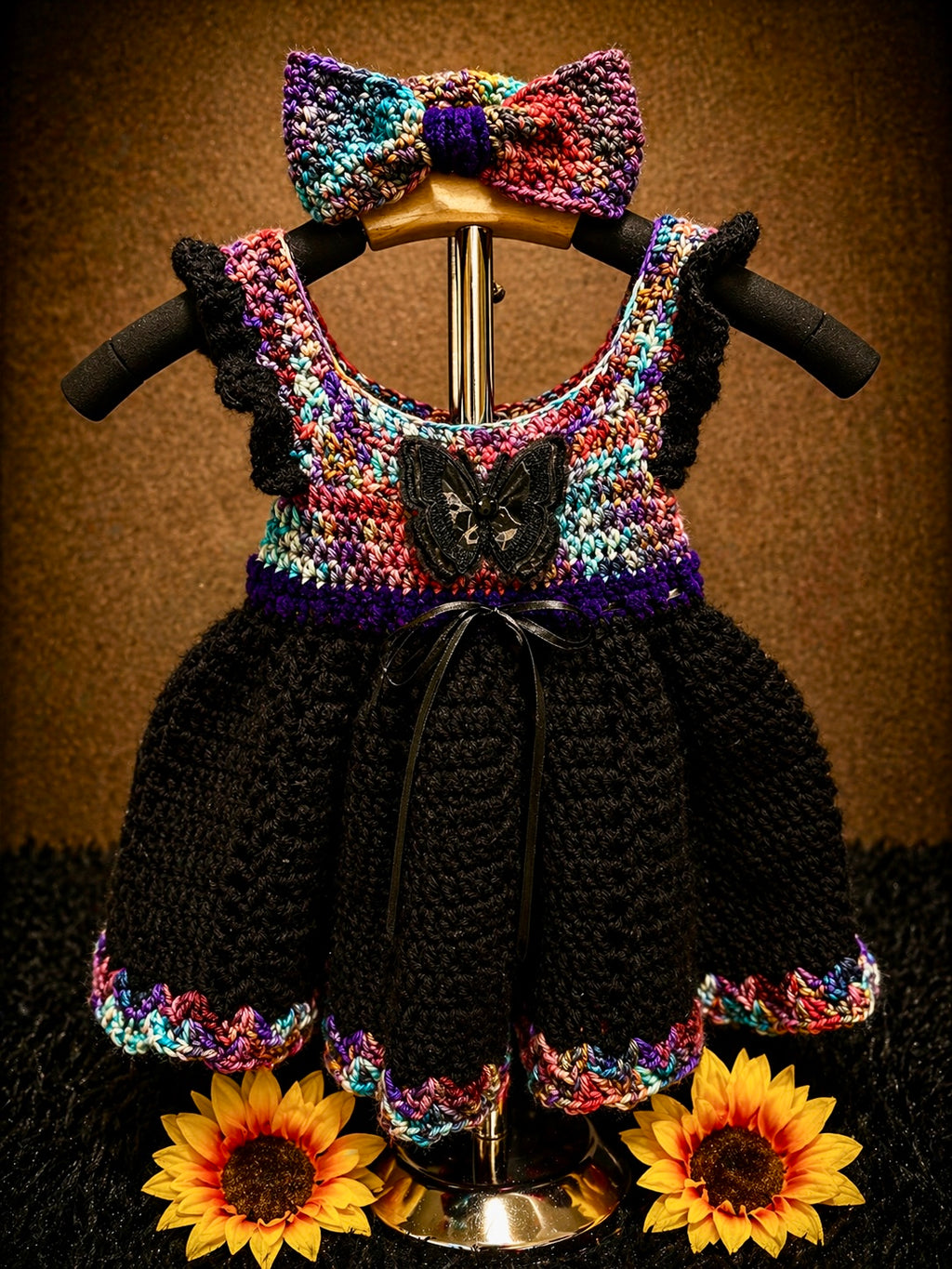 Rainbow Sally Dress Set | Gothic Baby Dress (0–6 Months) | Handmade Crochet with Bow Headband