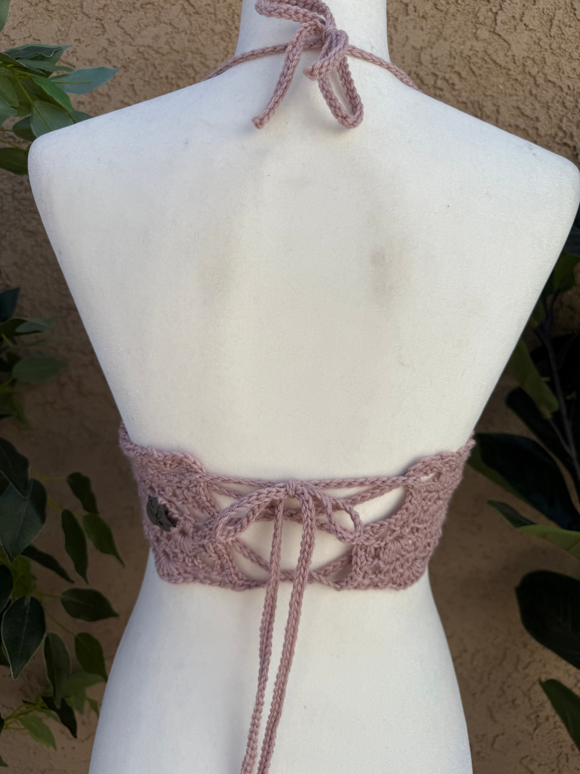 Dusty Rose Halter Top | Hand Crocheted Lace Up Back Top