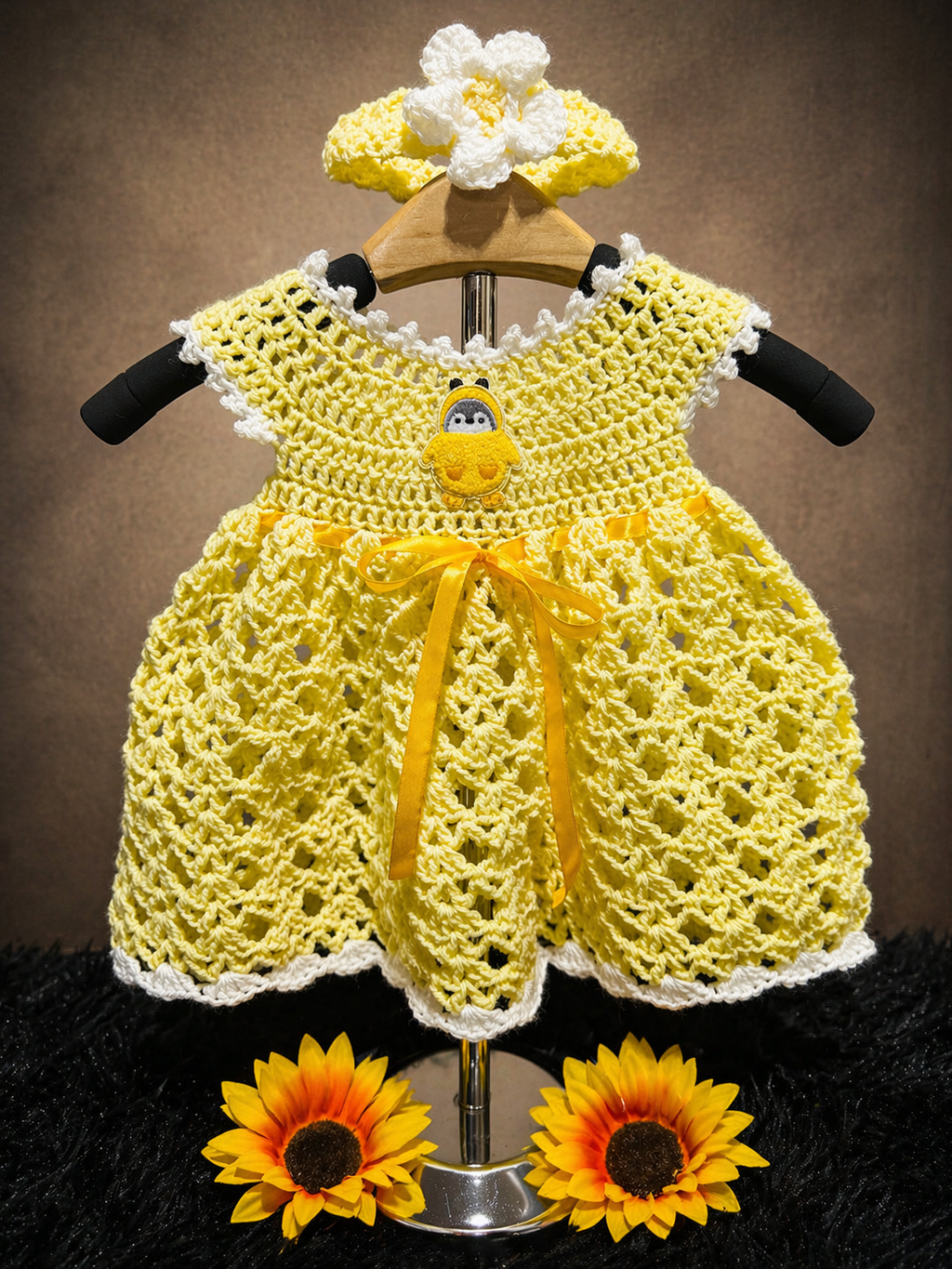 Little Chickie Dress Set | Crochet Baby Dress (0–6 Months) | Handmade Yellow Baby Outfit with Matching Headband