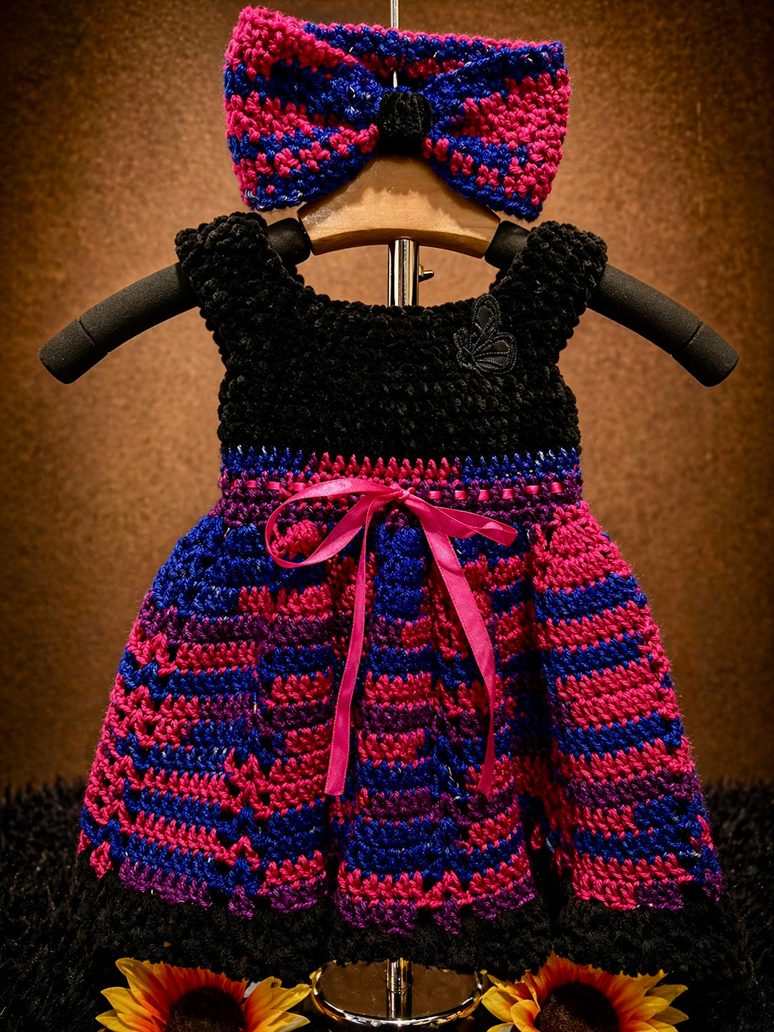 Electric Velvet Bloom | Gothic Baby Dress Set (3–9 Months) | Handmade Velvet Crochet with Bow Headband – Gothic Baby Dress (3–9 Months)
