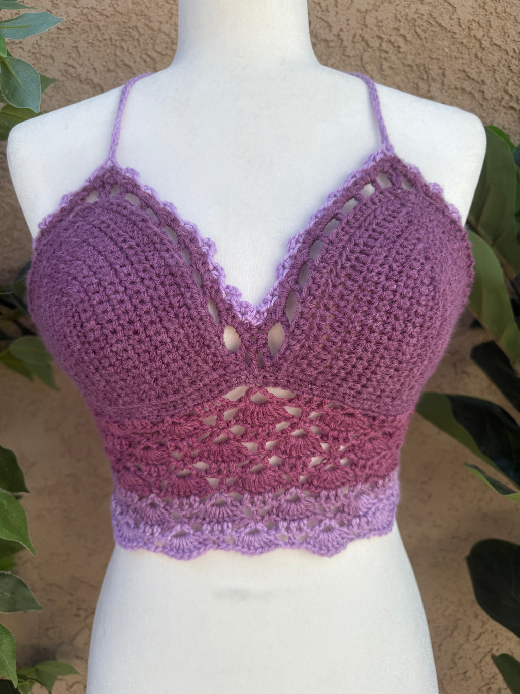 Raspberry Bloom Halter Top | Hand Crocheted Lace Up Back Top
