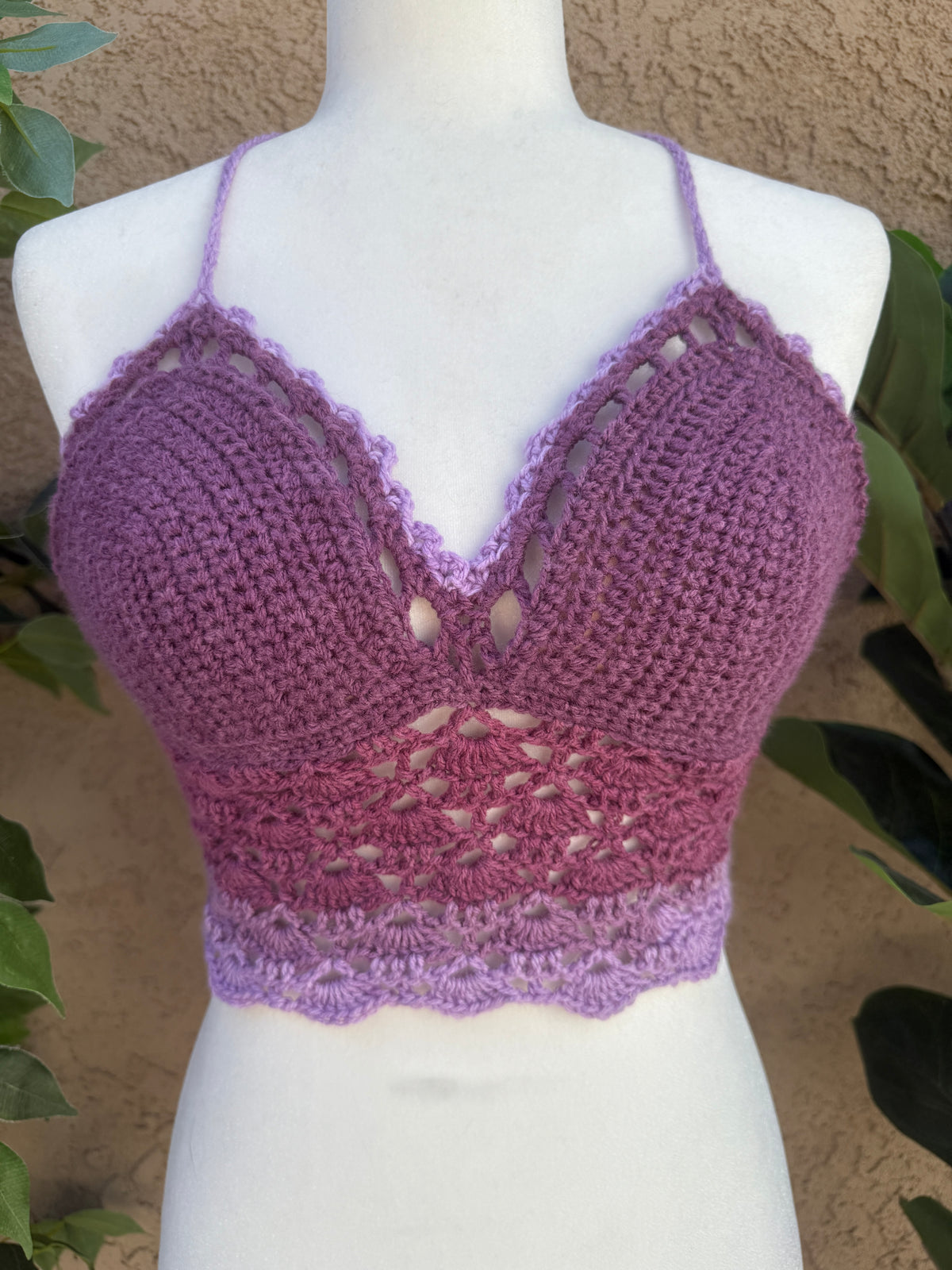 Raspberry Bloom Halter Top | Hand Crocheted Lace Up Back Top