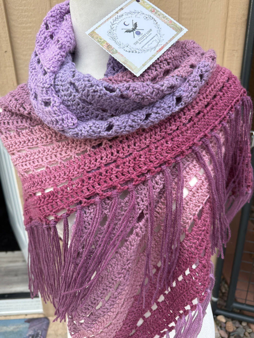Violet Statement Shawl | Hand Crocheted Wrap with Tassel Detail