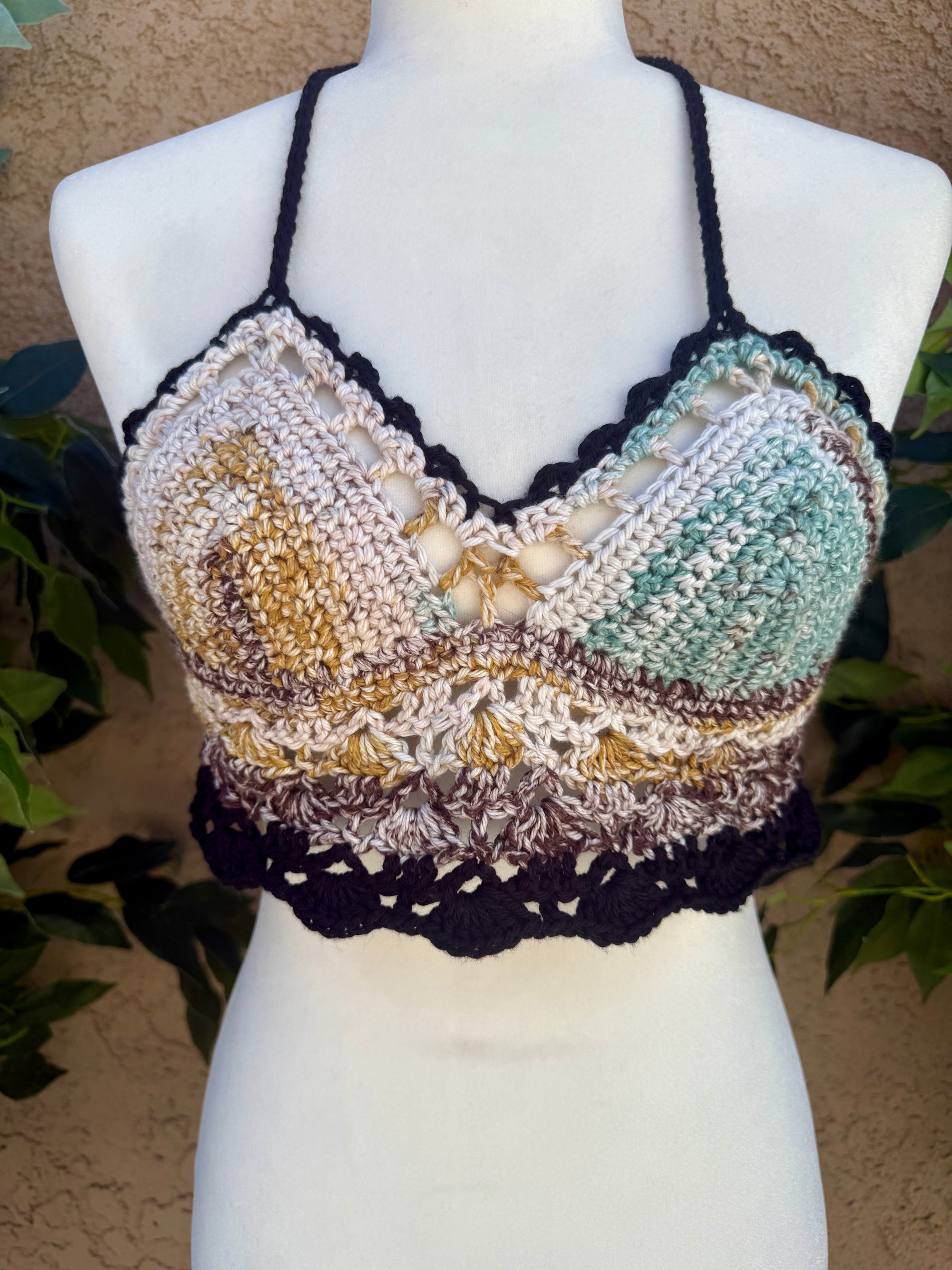 Crochet Halter Bralette – Earth & Moon Tones | Hand Crocheted Lace-Up Back Top