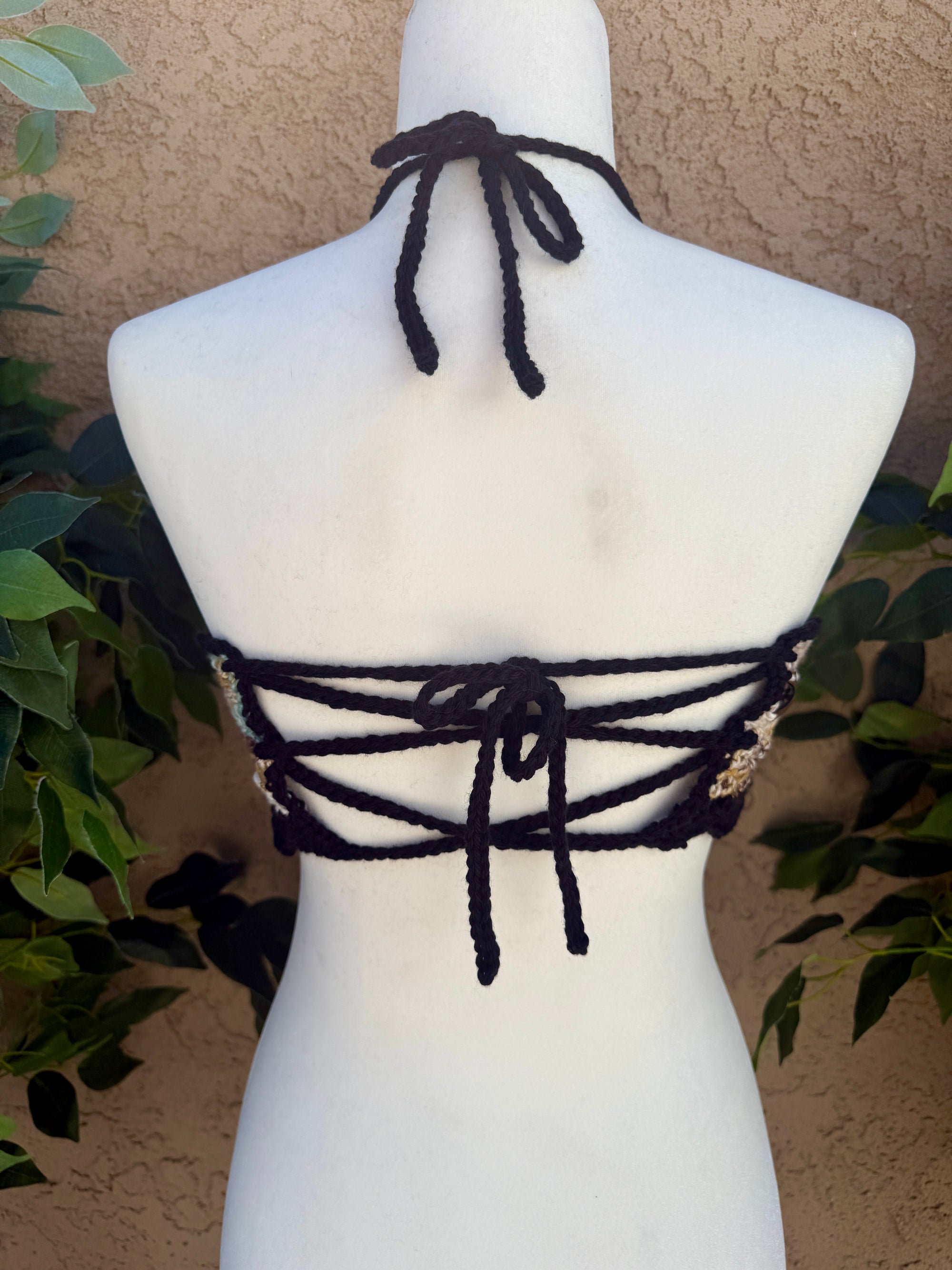 Crochet Halter Bralette – Earth & Moon Tones | Hand Crocheted Lace-Up Back Top