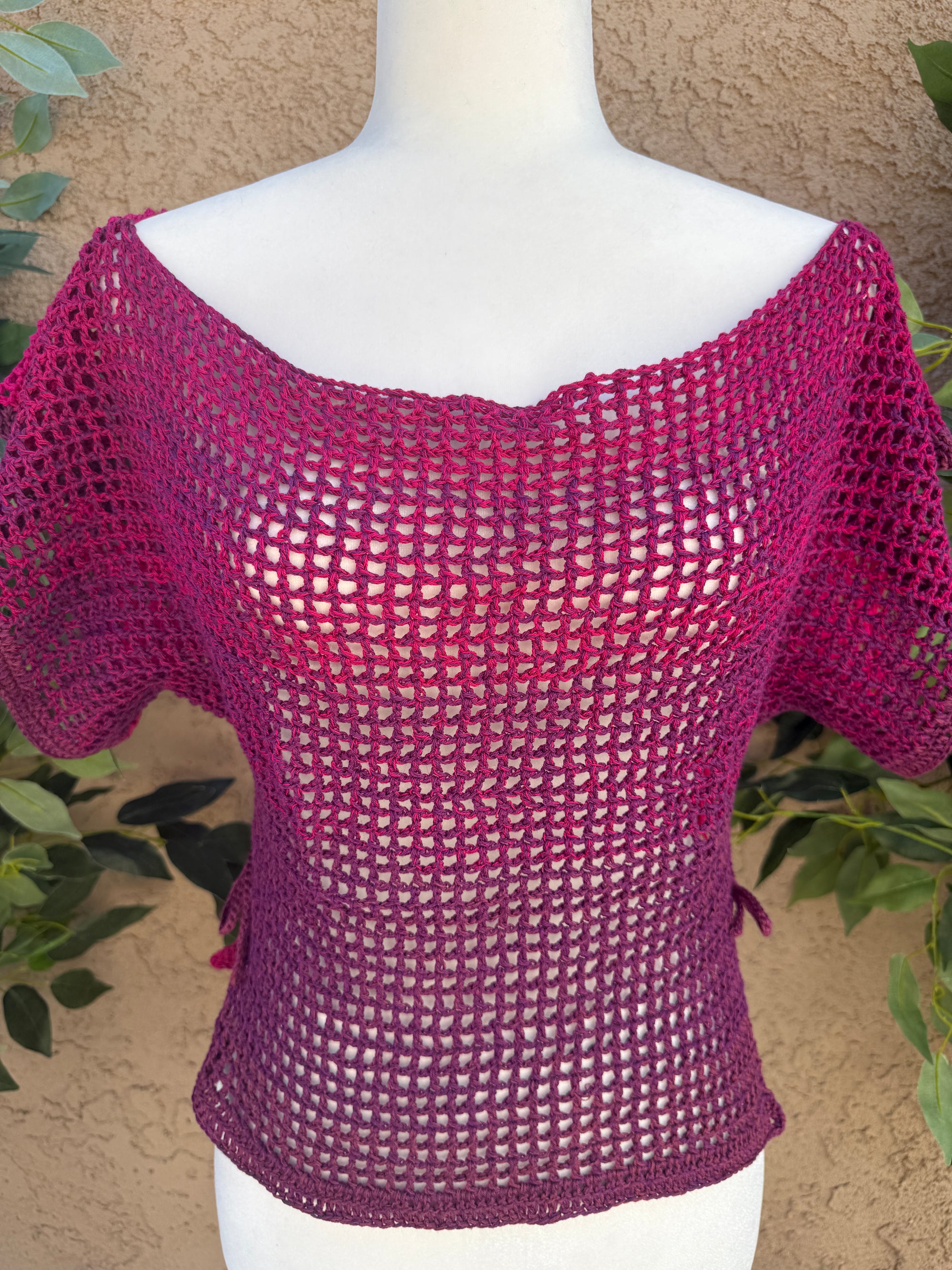 Crochet Mesh Top – Berry Eclipse | Hand Crocheted Side Tie Festival Cover Top