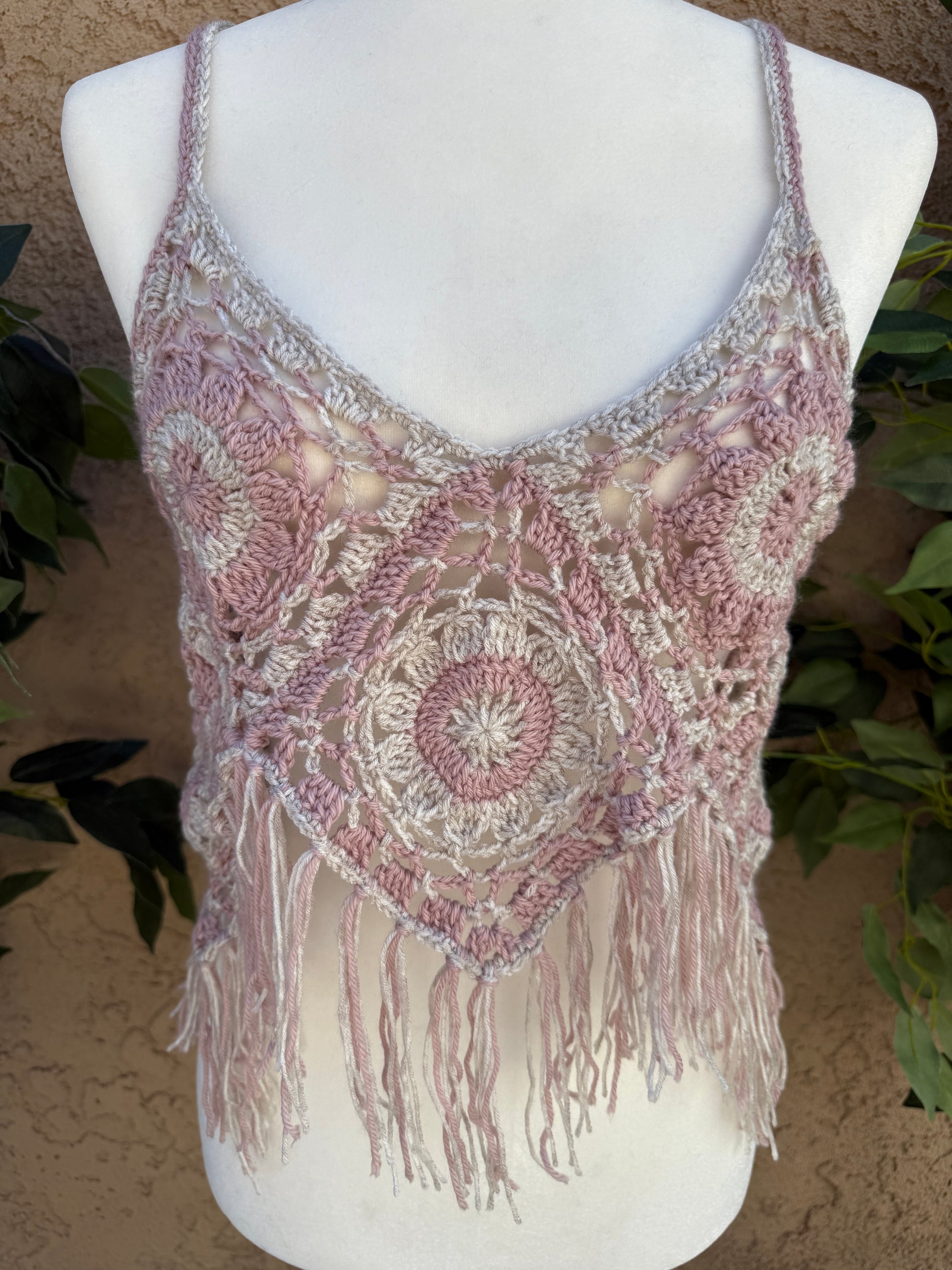 Crochet Fringe Halter Top – Blush Moon | Hand Crocheted Boho Festival Top