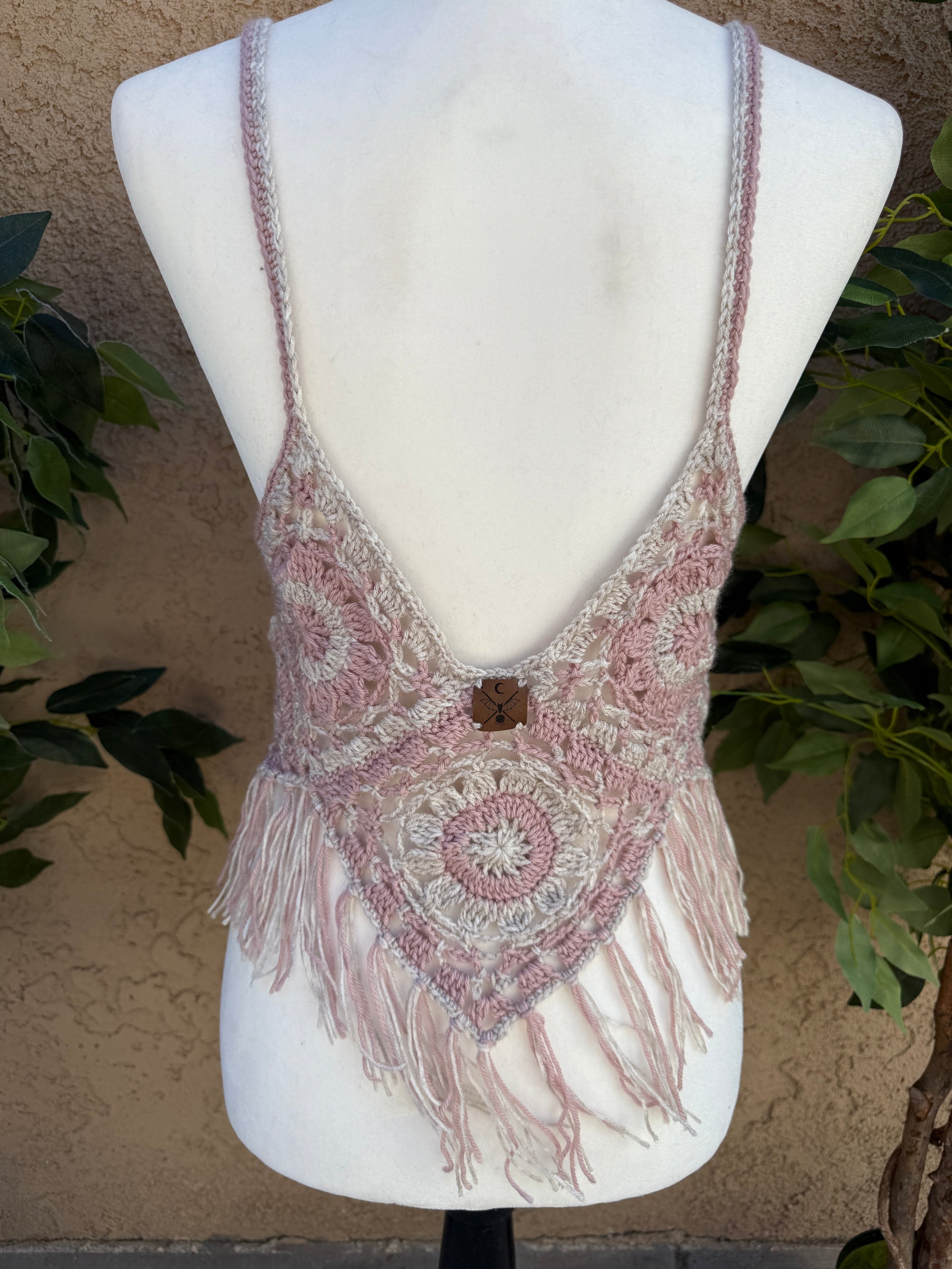Crochet Fringe Halter Top – Blush Moon | Hand Crocheted Boho Festival Top