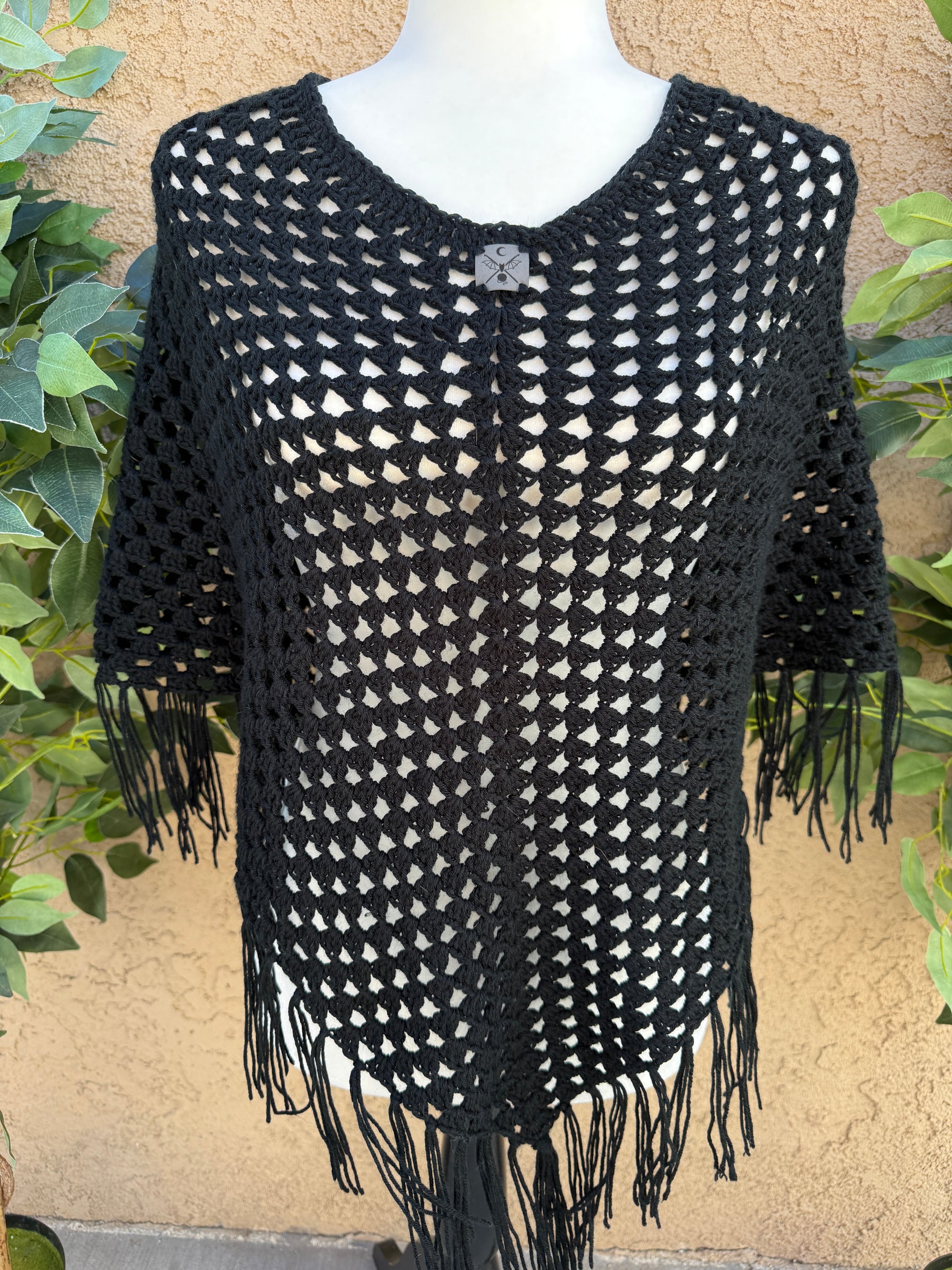 Black Crochet Poncho – Midnight Veil | Hand Crocheted Fringe Poncho