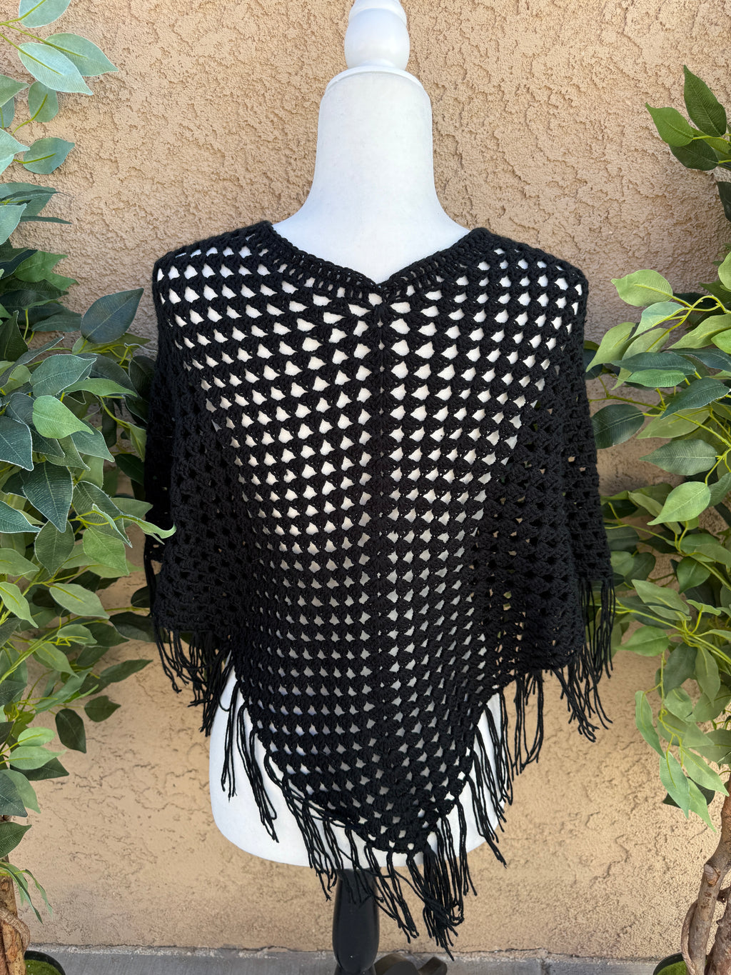 Black Crochet Poncho – Midnight Veil | Hand Crocheted Fringe Poncho