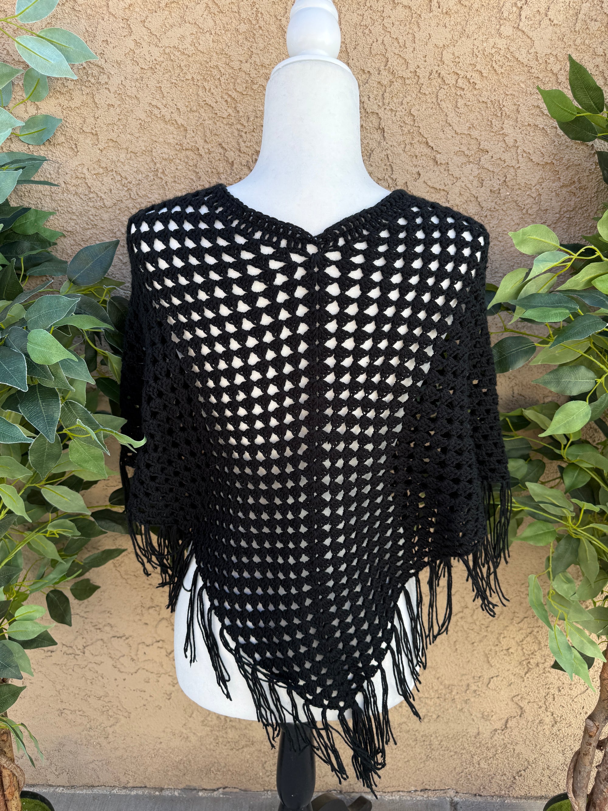 Black Crochet Poncho – Midnight Veil | Hand Crocheted Fringe Poncho