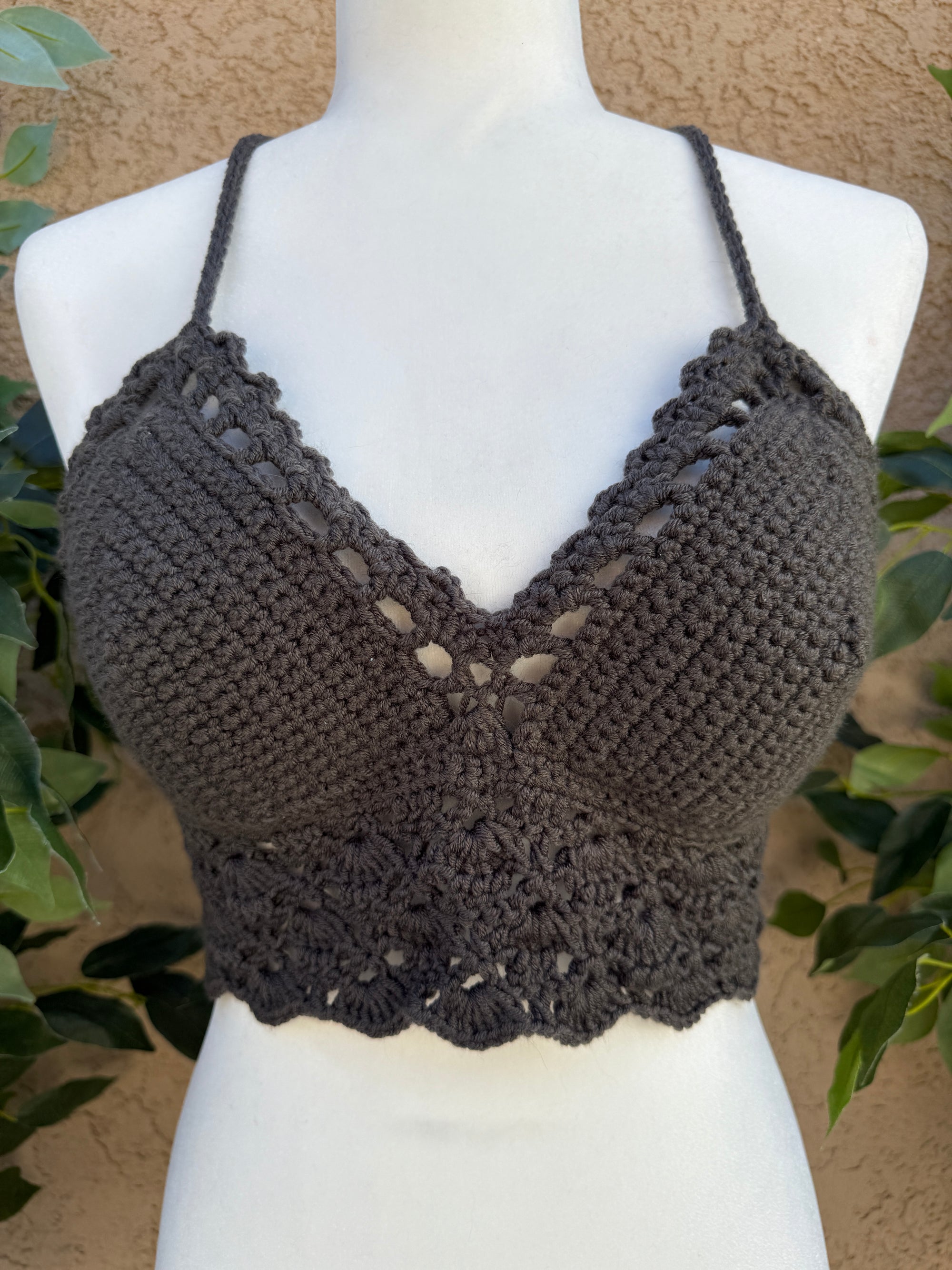rochet Halter Bralette – Ashen Shadow | Hand Crocheted Lace-Up Back Top