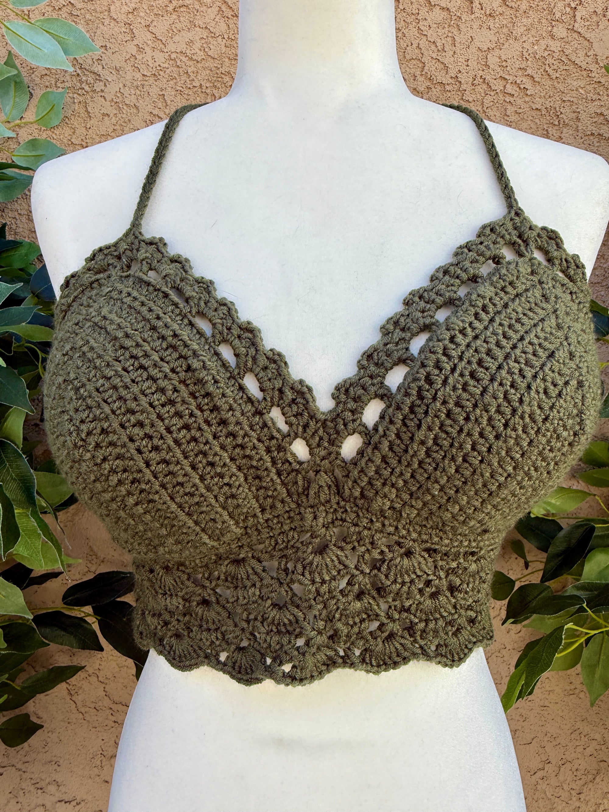Crochet Halter Bralette – Forest Hex | Hand Crocheted Lace-Up Back Top