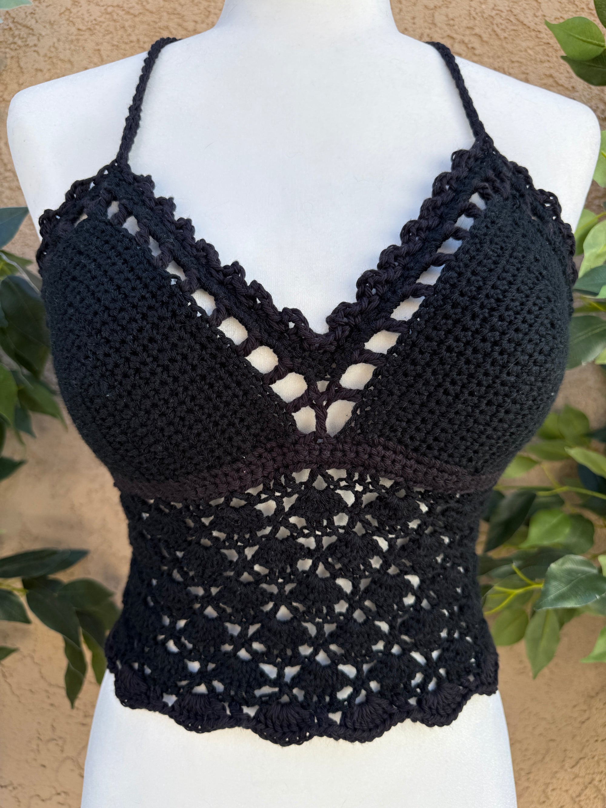 Crochet Halter Bralette – Midnight Lace | Hand Crocheted Lace-Up Back Top