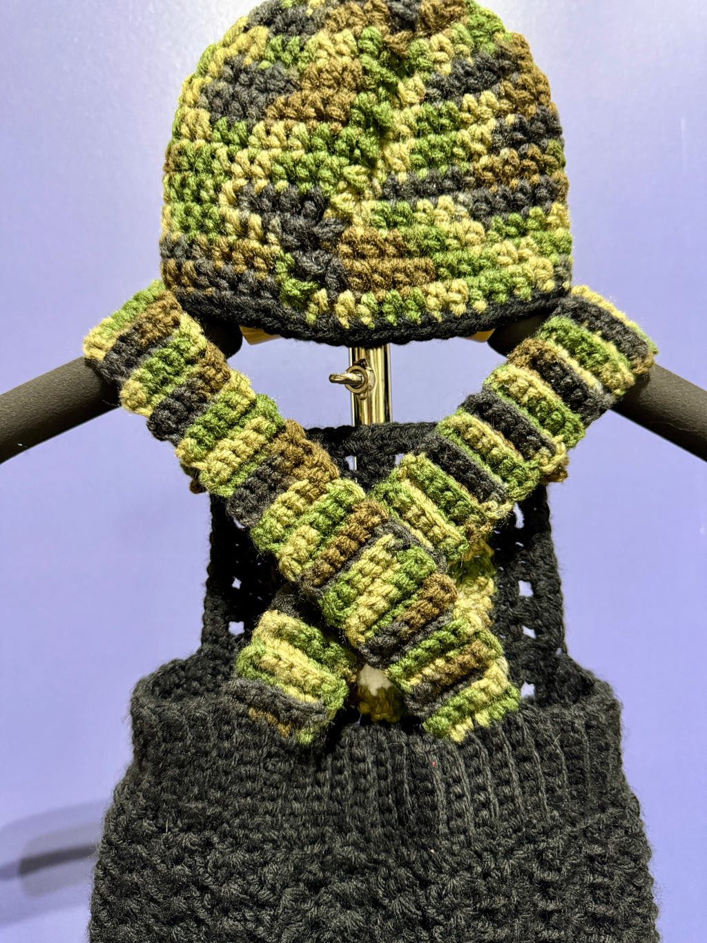 Outlaw Camo Overalls Set – 0–6 Months | Handmade Crochet with Matching Beanie