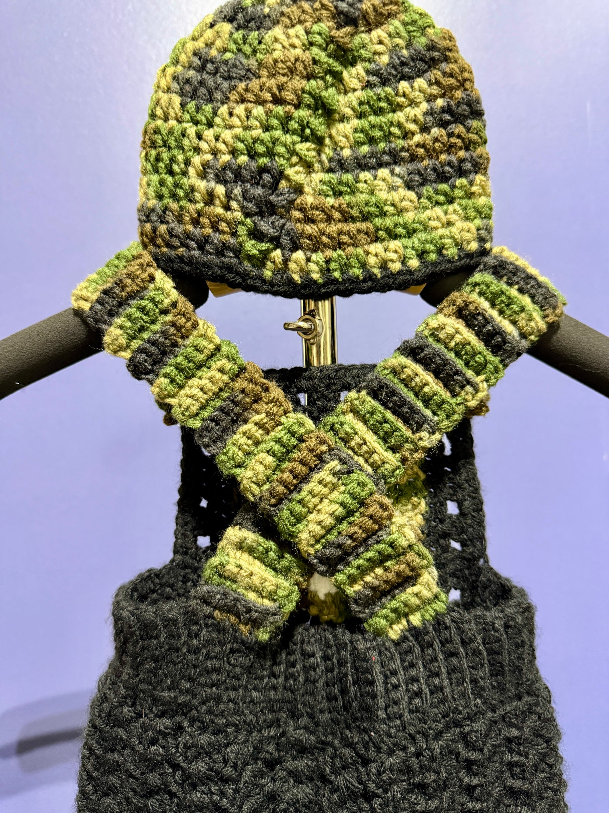 Outlaw Camo Overalls Set – 0–6 Months | Handmade Crochet with Matching Beanie