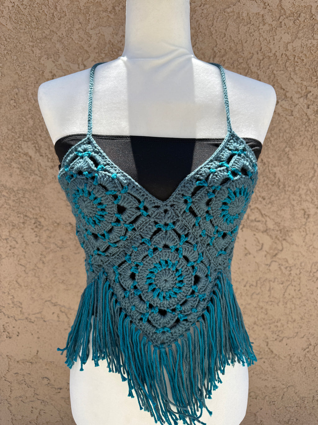 Crochet Fringe Halter Top tie back  | Hand Crocheted Boho Festival Top
