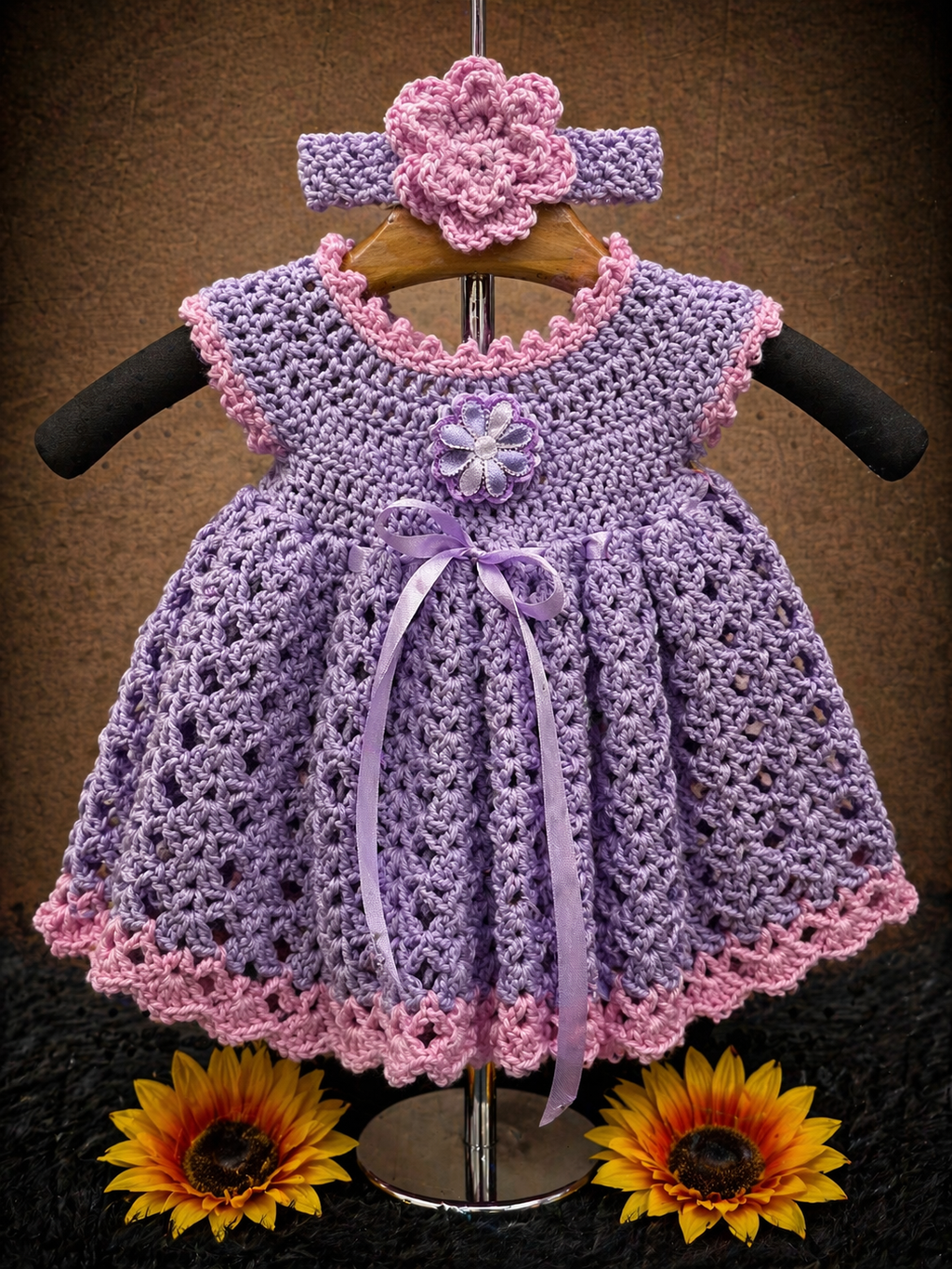 Lavender Petal Dress | Crochet Baby Dress (0–6 Months) | Handmade Yellow Baby Outfit with Matching Headband (Copy) (Copy)
