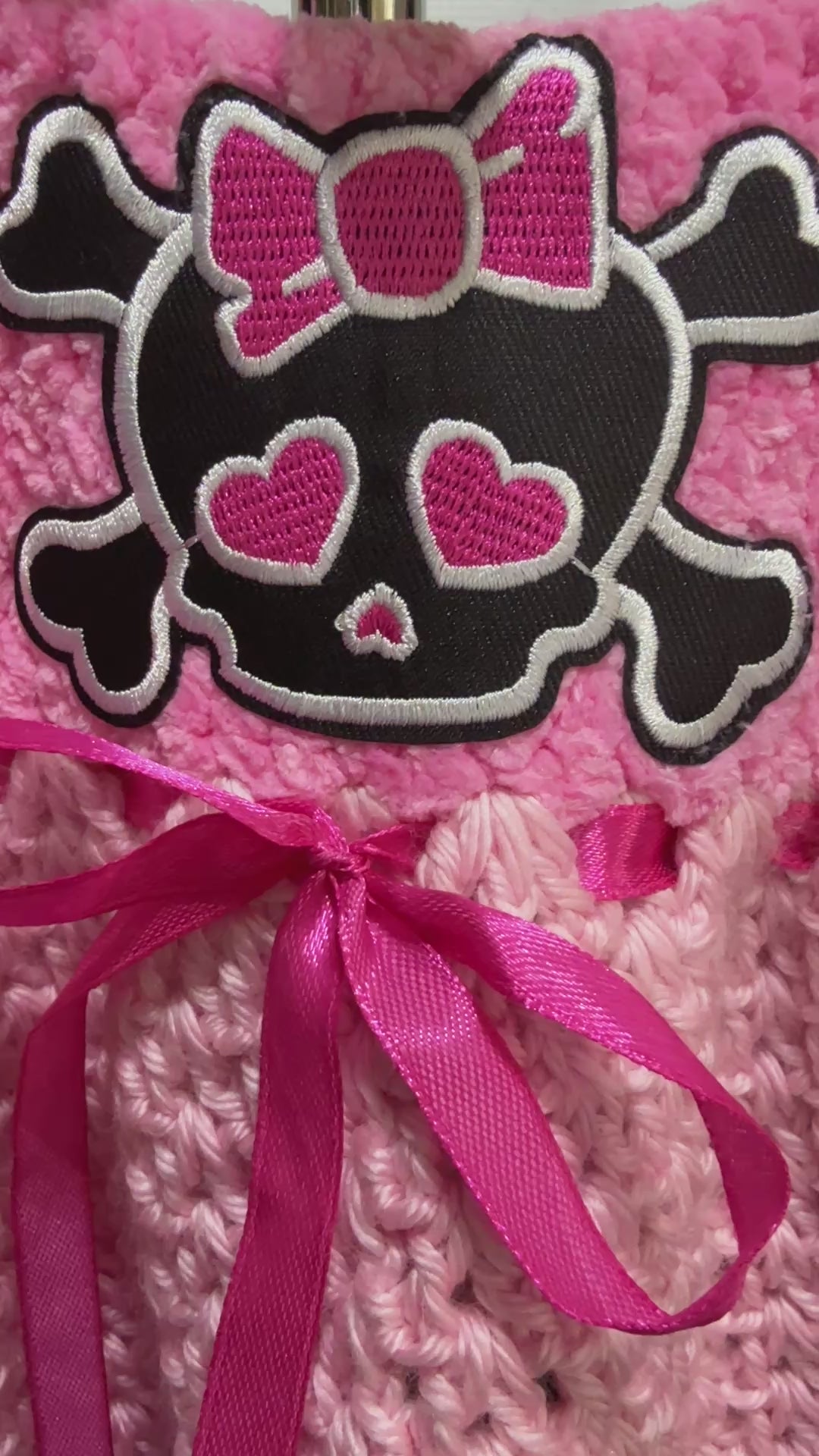 Sweetheart Skull Dress | Crochet Baby Dress (0–9 Months) | Pink & Black Gothic Baby Outfit with Matching Headband